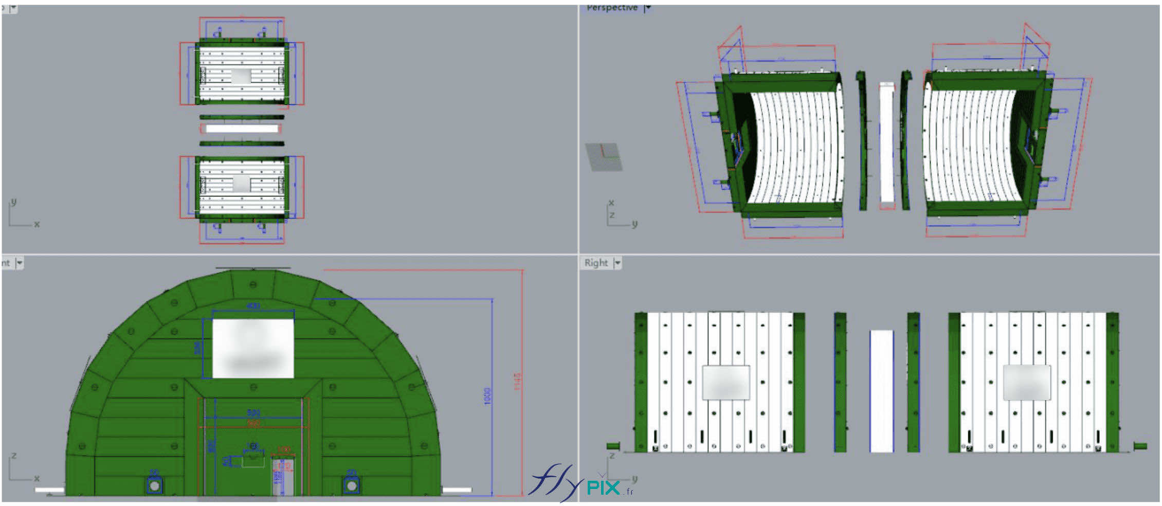 , Chantier de dépollution de site : 2 modules de hangar gonflable de S = 200 m2, soit S = 400 m2 de surface utile de travail,  Chaque module requiert 8 turbines électriques 220 V, en permanence. Les murs, la toiture et les pignons AV et ARR de chaque module sont en enveloppe PVC 0.45 mm double peau capitonnée. – Photo : copyright FlyPix/Vivien LAÏLLE, droits réservés.