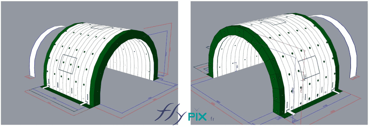 , Chantier de dépollution de site : 2 modules de hangar gonflable de S = 200 m2, soit S = 400 m2 de surface utile de travail,  Modélisation en 3D (bon à tirer) présantant une vue des 2 abris gonflables, depuis en dessous. Sur cette vue éclatée des différentes parties et composants amovibles des 2 abris gonflables, nous comprenons bien le fait de pouvoir les assembler à la demande si nécessaire. – Photo : copyright FlyPix/Vivien LAÏLLE, droits réservés.