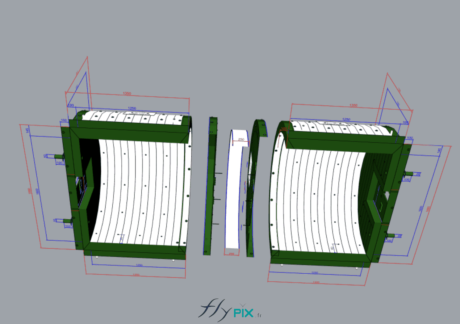 , Chantier de dépollution de site : 2 modules de hangar gonflable de S = 200 m2, soit S = 400 m2 de surface utile de travail,  Modélisation en 3D (bon à tirer) présantant une vue des 2 abris gonflables, depuis en dessous. Sur cette vue éclatée des différentes parties et composants amovibles des 2 abris gonflables, nous comprenons bien le fait de pouvoir les assembler à la demande si nécessaire. – Photo : copyright FlyPix/Vivien LAÏLLE, droits réservés.