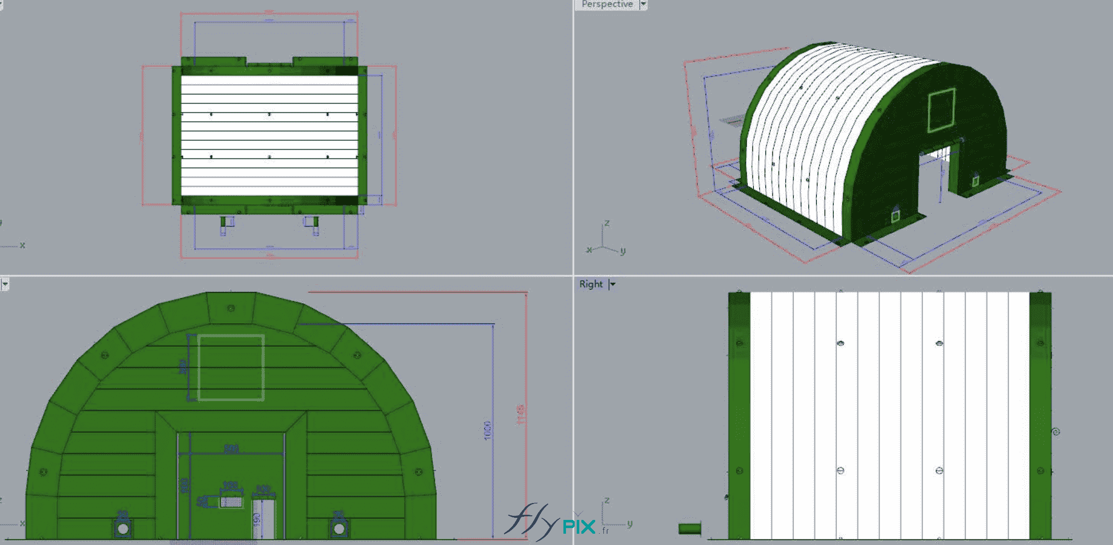 , Chantier de dépollution de site : 2 modules de hangar gonflable de S = 200 m2, soit S = 400 m2 de surface utile de travail,  BAT, modélisation en 3D faite par notre infographiste durant la phase d’atude et de conception du projet des hangars gonflables. Le but est de fabriquer 2 modules de tunnels gonflables de 200 m2, utilisables individuellement de manière autonome, ou bien assembés pour couvrir une surface totale utile de chantier de 400 m2. Il y a donc des pignons amovible, pouvant être utilisés ou pas selon les besoins du chantier sur le terrain.