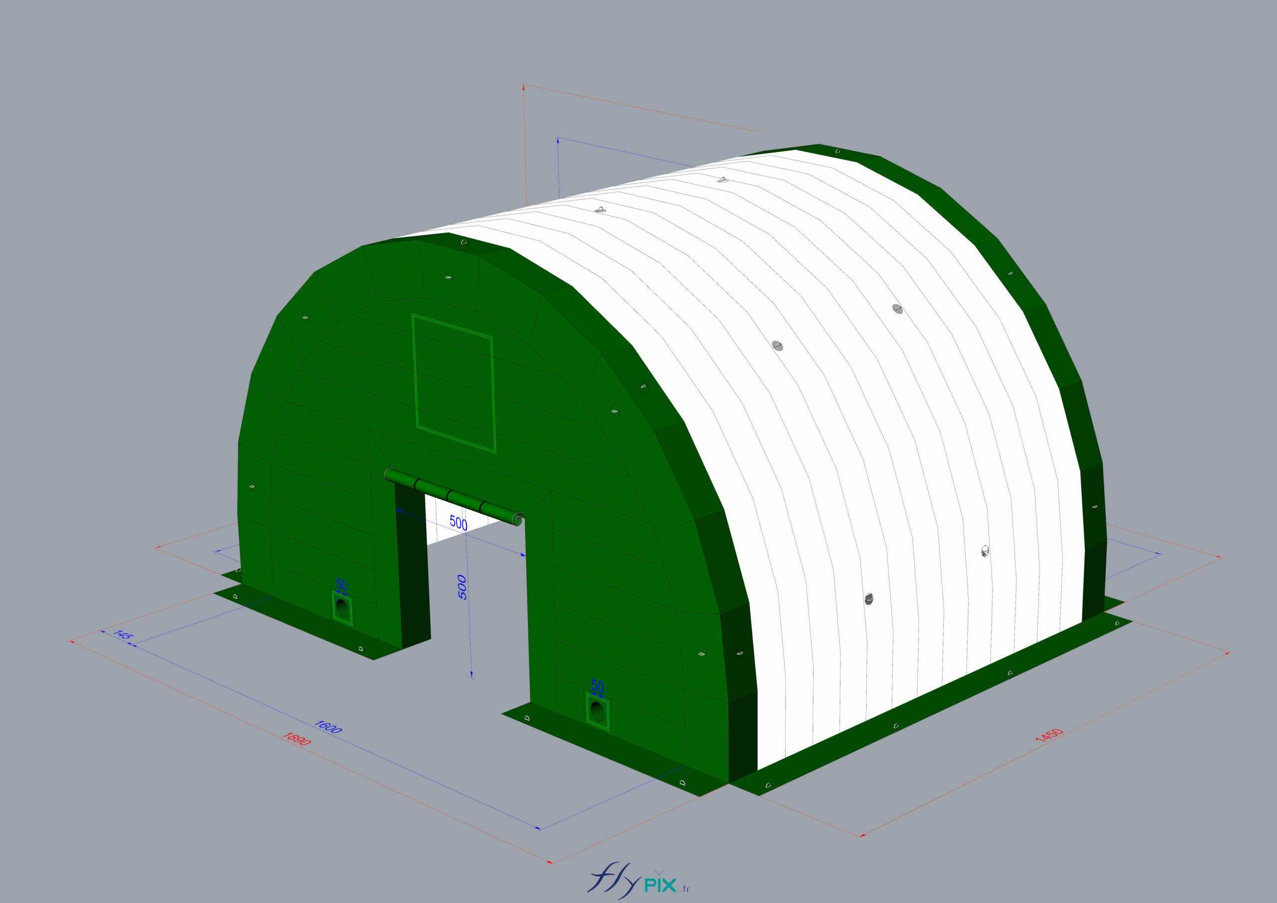 , Chantier de dépollution de site : 2 modules de hangar gonflable de S = 200 m2, soit S = 400 m2 de surface utile de travail,  BAT, modélisation en 3D faite par notre infographiste durant la phase d’atude et de conception du projet des hangars gonflables. Le but est de fabriquer 2 modules de tunnels gonflables de 200 m2, utilisables individuellement de manière autonome, ou bien assembés pour couvrir une surface totale utile de chantier de 400 m2. Il y a donc des pignons amovible, pouvant être utilisés ou pas selon les besoins du chantier sur le terrain.
