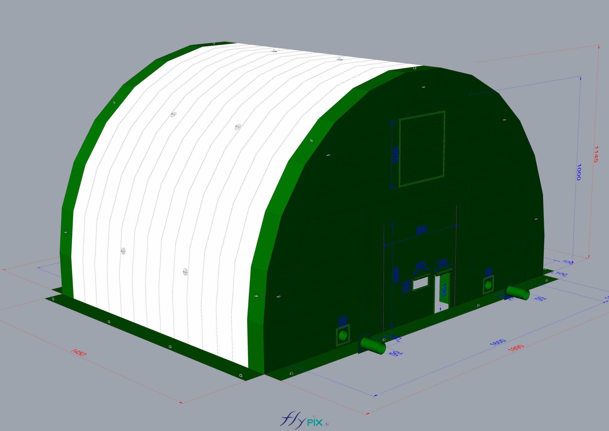 , Chantier de dépollution de site : 2 modules de hangar gonflable de S = 200 m2, soit S = 400 m2 de surface utile de travail,  BAT, modélisation en 3D faite par notre infographiste durant la phase d’atude et de conception du projet des hangars gonflables. Le but est de fabriquer 2 modules de tunnels gonflables de 200 m2, utilisables individuellement de manière autonome, ou bien assembés pour couvrir une surface totale utile de chantier de 400 m2. Il y a donc des pignons amovible, pouvant être utilisés ou pas selon les besoins du chantier sur le terrain.