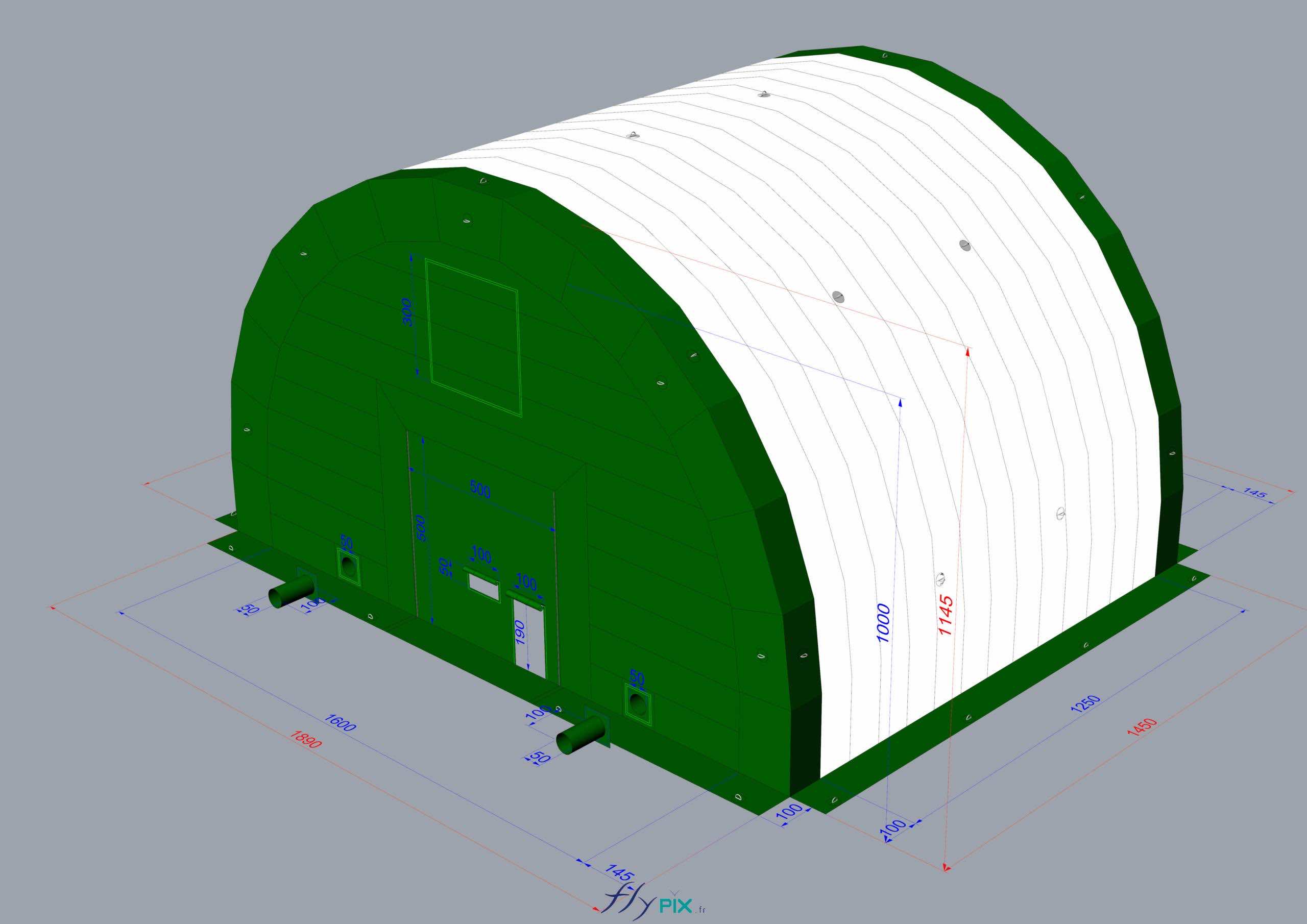 , Chantier de dépollution de site : 2 modules de hangar gonflable de S = 200 m2, soit S = 400 m2 de surface utile de travail,  BAT, modélisation en 3D faite par notre infographiste durant la phase d’atude et de conception du projet des hangars gonflables. Le but est de fabriquer 2 modules de tunnels gonflables de 200 m2, utilisables individuellement de manière autonome, ou bien assembés pour couvrir une surface totale utile de chantier de 400 m2. Il y a donc des pignons amovible, pouvant être utilisés ou pas selon les besoins du chantier sur le terrain.
