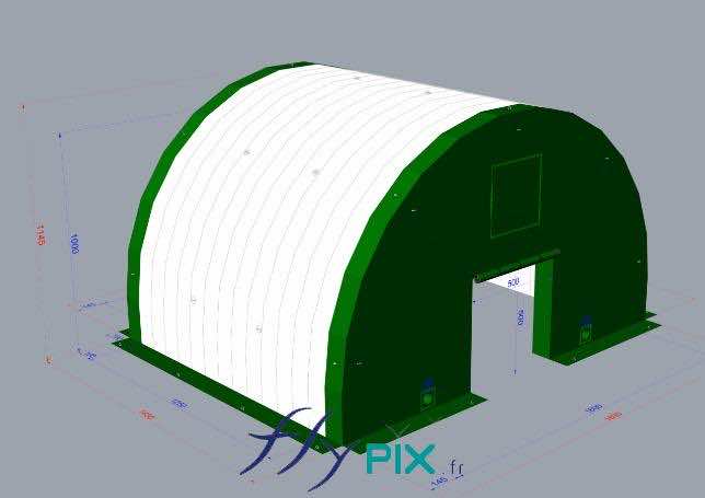 , Chantier de dépollution de site : 2 modules de hangar gonflable de S = 200 m2, soit S = 400 m2 de surface utile de travail,  BAT, modélisation en 3D faite par notre infographiste durant la phase d’atude et de conception du projet des hangars gonflables. Le but est de fabriquer 2 modules de tunnels gonflables de 200 m2, utilisables individuellement de manière autonome, ou bien assembés pour couvrir une surface totale utile de chantier de 400 m2. Il y a donc des pignons amovible, pouvant être utilisés ou pas selon les besoins du chantier sur le terrain.