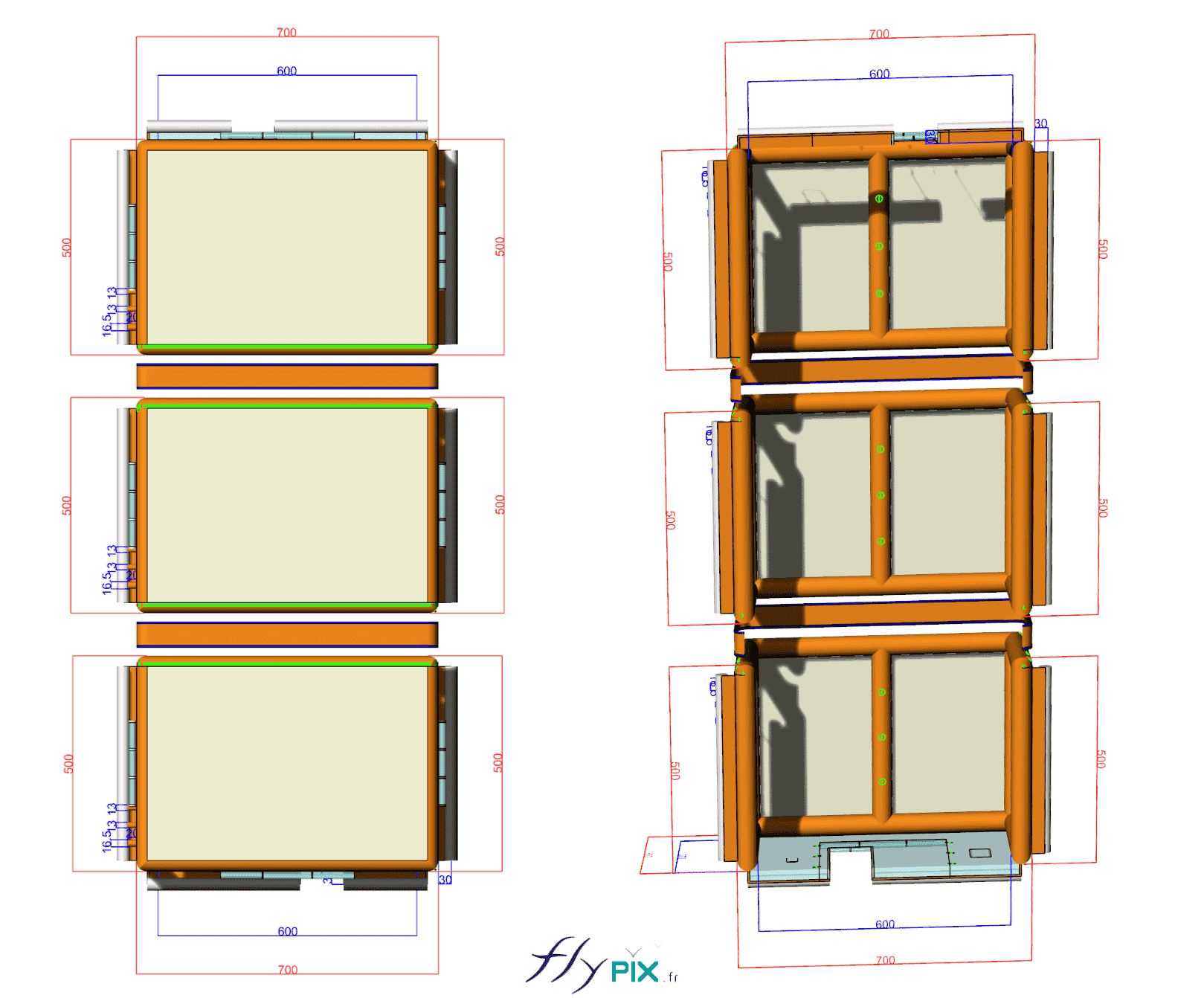 Qté 3 modules AIR CAPTIF, PVC 0.6 mm simple peau, L = 5 m x l = 6 m x H = 3.5 m, S = 30 m2, cubique + raccordements, boudins outres à remplir d'eau, pompe, 3 régulateurs de pression