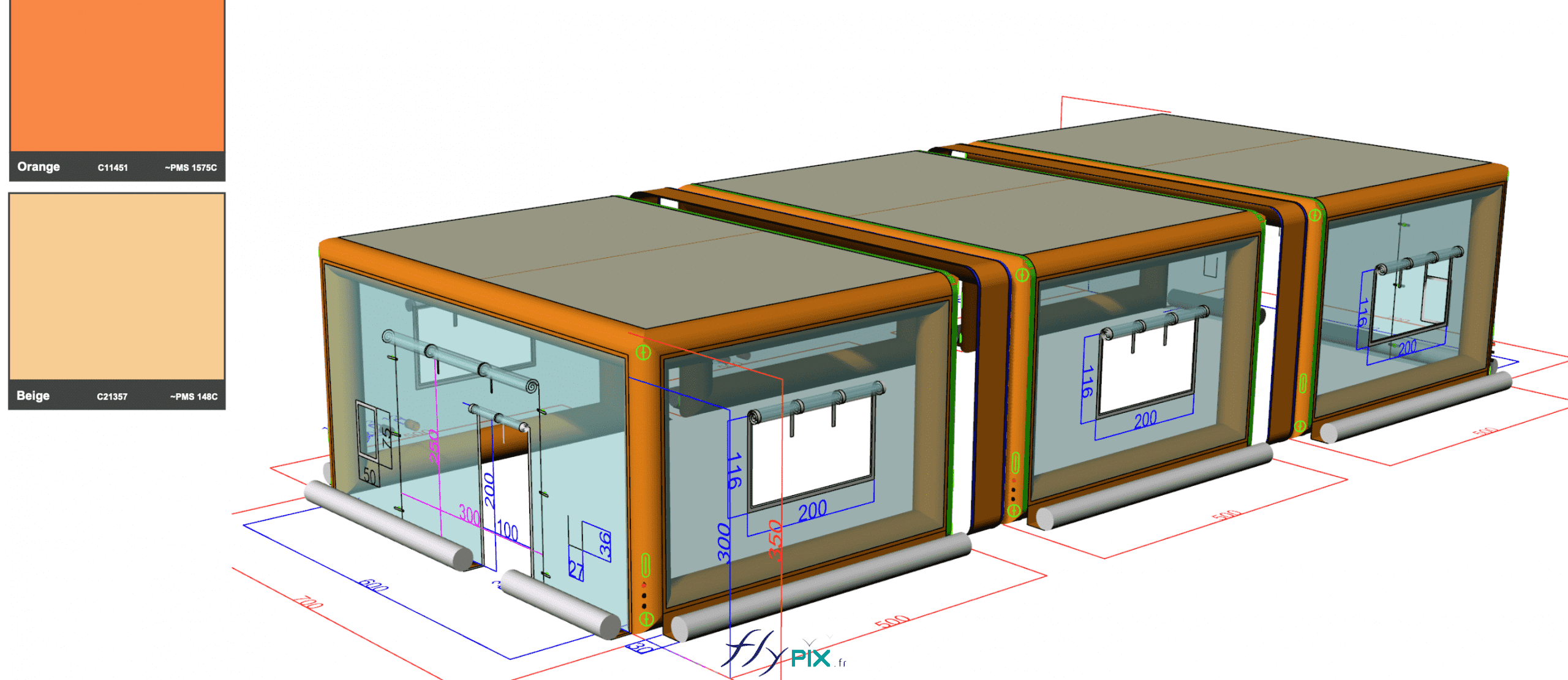, Hamelin : fabrication sur mesure d’un abri gonflable industriel parallélépipédique, L'abri gonflable industriel est doté de 2 portes larges pignon, transparentes, PVC Crystal, simple peau, dimensions L = 3 m x H = 3 m, avec bavette au sol. L'étanchéité de la structure est assuré grâce à des outres remplies d'eau placée sur la bavette au sol tout autour de l'abri gonflable, à la base desmurs latéraux et à la base des pignons avant et arrières.