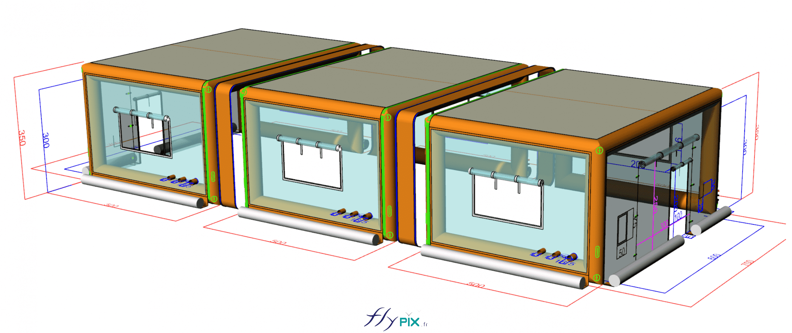 , Hamelin : fabrication sur mesure d’un abri gonflable industriel parallélépipédique, Dans cette illustration 3D, conçue par notre infographiste, nous présentons le concept validé par le commanditaire ; nous observons ici 3 modules gonflables air captf de formes cubiques L = 5 m x l = 6 m x H = 3.5 m, cubique de surface unitaire 30 m2, qui une fois assemblés et raccordés permettent d'obtenir une tente industrielle gonflable de dimensions L = 15 m x l = 6 m x H = 3.5 m, soit une surface totale de S = 90 m2 utiles pour travailler correctement à l'intérieur.