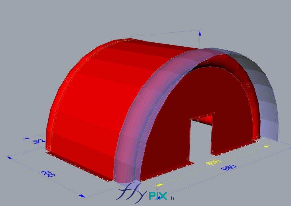 Concept d'abri ou de tente gonflable en forme de tunnel demi-lune, en plusieurs modules, raccordés ensemble dans le sens de la longueur, pour la mise en œuvre de chantier de verrières sur les toits de bâtiments.