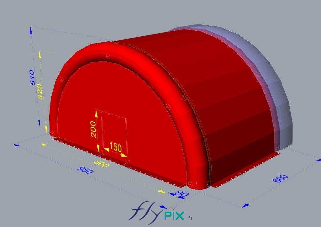 Concept d'abri ou de tente gonflable en forme de tunnel demi-lune, en plusieurs modules, raccordés ensemble dans le sens de la longueur, pour la mise en œuvre de chantier de verrières sur les toits de bâtiments.