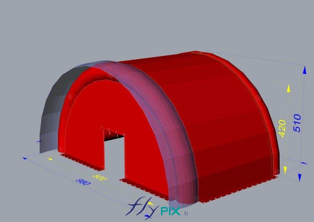 Concept d'abri ou de tente gonflable en forme de tunnel demi-lune, en plusieurs modules, raccordés ensemble dans le sens de la longueur, pour la mise en œuvre de chantier de verrières sur les toits de bâtiments.