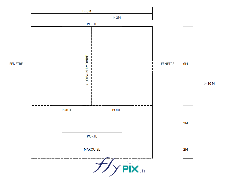 , Bertrand Export Brisbane / Prony Resources en Nouvelle-Calédonie, Melanesie: tente PMA L = 10 m x l = 6 m,  un croquis simplifié de la tente PMA, avec les différentes dimensions, proportions et les emplacements des cloisons amovibles, dont le but est d'obtenir différentes salles au sein de l'abri gonflable médical.