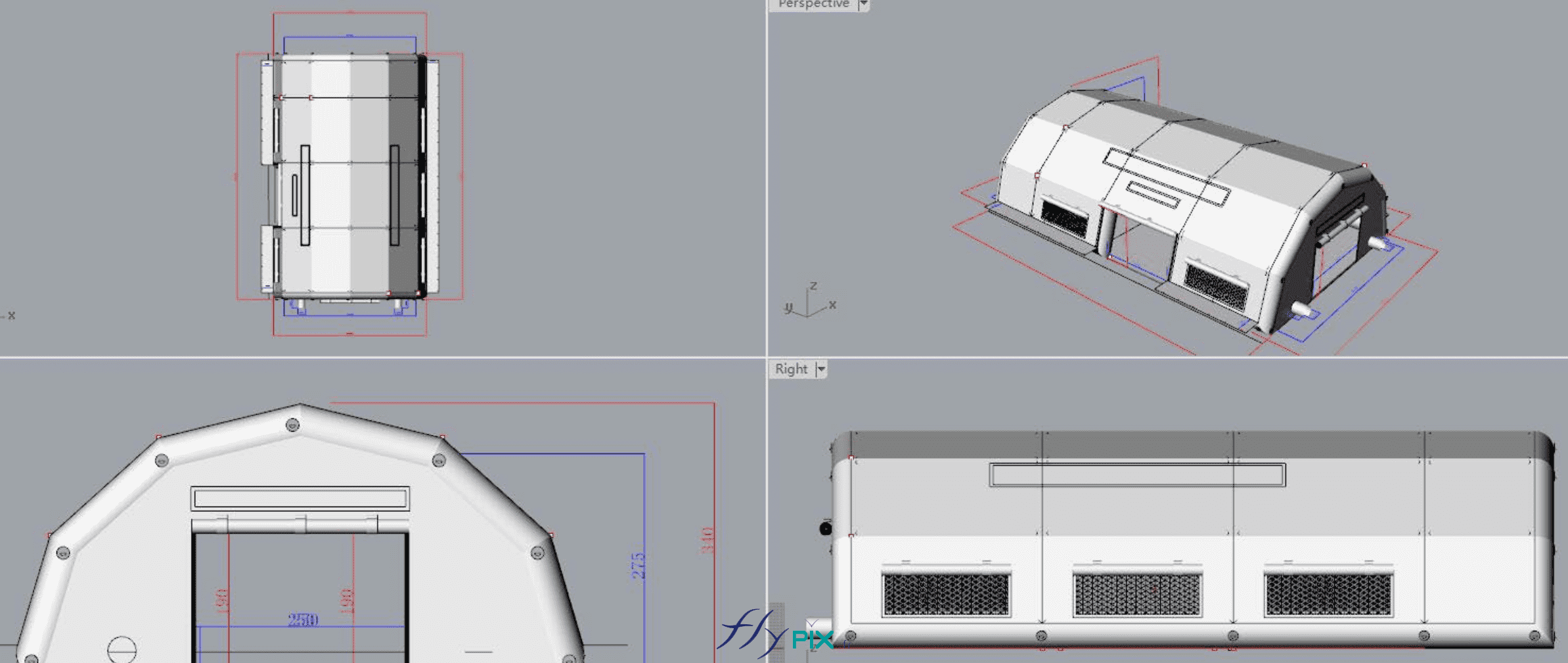 Tente gonflable PMA TEDIS L = 10 m x l = 6 m : Modélisation en 3D avec une vue de dessus, vue de côté, vue de face, vue aérienne. Tente gonflable PMA TEDIS L = 10 m x l = 6 m : Modélisation en 3D avec une vue de dessus, vue de côté, vue de face, vue aérienne.