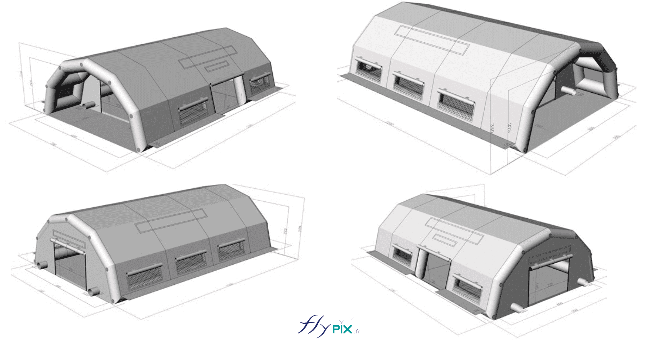 Différentes vues en modélisation 3D de la tente gonflable médicale à pans coupés. Celle-ci est composée de 5 fenêtres, d'1 marquise et 1 grande porte d'accès principale sur le pignon avant, 1 grande porte de sortie sur le pignon arrière, 1 porte latérale. Notez la présence de manchons à air ou de manchons passe-fils électriques. Il y a aussi des emplacements pour des bandes de Velcro prévues pour des banderoles de marquages composées de bâches imprimées et amovibles. Différentes vues en modélisation 3D de la tente gonflable médicale à pans coupés. Celle-ci est composée de 5 fenêtres, d'1 marquise et 1 grande porte d'accès principale sur le pignon avant, 1 grande porte de sortie sur le pignon arrière, 1 porte latérale. Notez la présence de manchons à air ou de manchons passe-fils électriques. Il y a aussi des emplacements pour des bandes de Velcro prévues pour des banderoles de marquages composées de bâches imprimées et amovibles.