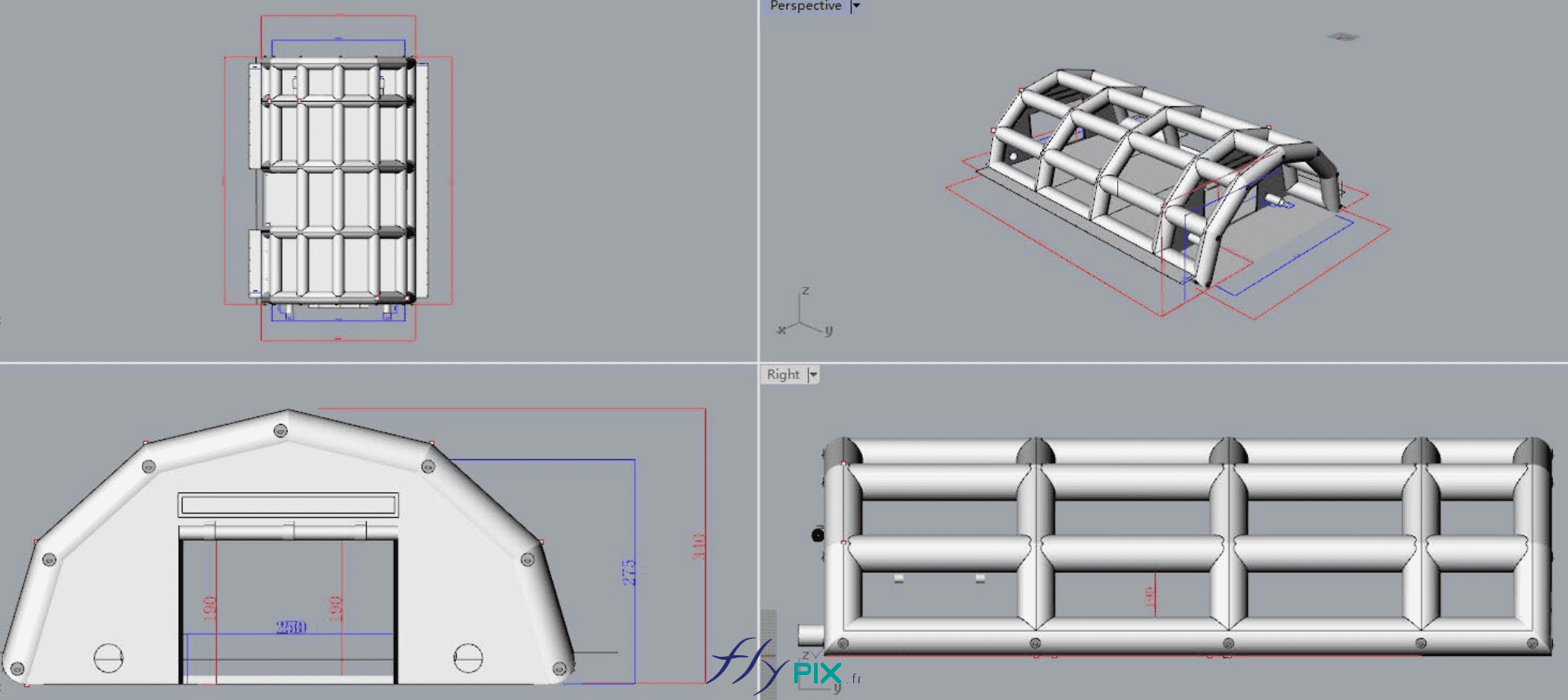 BAT (bon à tirer), modélisation en 3D de la tente PMA de TEDIS : Positionnement des boudins d'ossatures air captifs, gonflés à l'air avec une pompe électrique. Différentes vues en 3D : vue de dessus, vue de face du pignon avant, vue de profil et vue générale en plongée de la tente gonflable TEDIS. BAT (bon à tirer), modélisation en 3D de la tente PMA de TEDIS : Positionnement des boudins d'ossatures air captifs, gonflés à l'air avec une pompe électrique. Différentes vues en 3D : vue de dessus, vue de face du pignon avant, vue de profil et vue générale en plongée de la tente gonflable TEDIS.