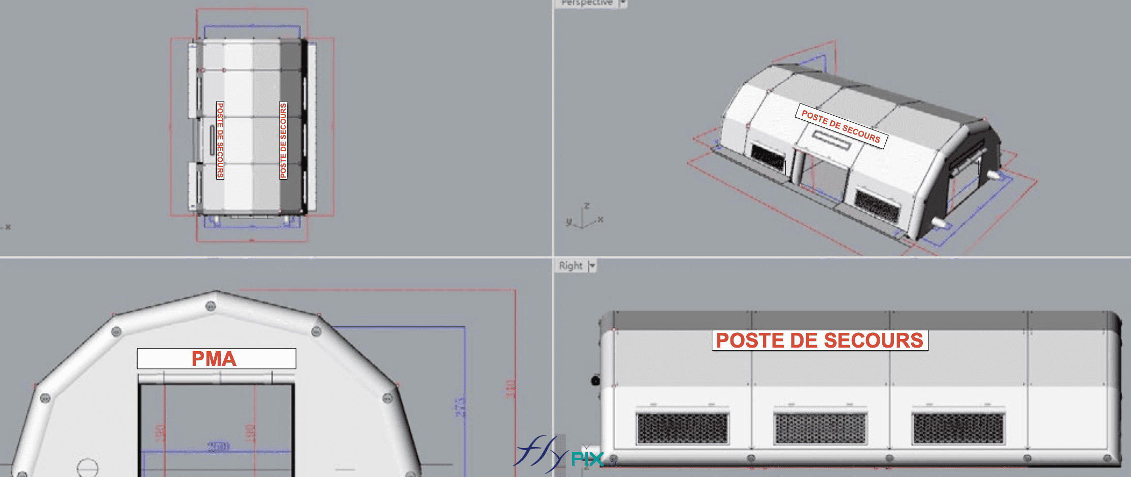 Le bon à tirer (BAT), la modélisation 3D présentant le concept de la tente PMA (Poste Médical Avancé), de dimensions utiles L = 10 m x l = 6 m x H = 2.75 m, fabriquée sur mesure et validé par la société TEDIS. La tente gonflable poste médical avancé est doté de plusieurs banderoles de bâches imprimées amovibles, fixées par du velcro. La vue présente l'abri gonflable de premier secours sous différents angles : vue de dessus, vue de face du pignon avant avec la porte d'accès principale, vue de profil avec les fenêtres, vue générale en plongée pour voir le rendu final. Le bon à tirer (BAT), la modélisation 3D présentant le concept de la tente PMA (Poste Médical Avancé), de dimensions utiles L = 10 m x l = 6 m x H = 2.75 m, fabriquée sur mesure et validé par la société TEDIS. La tente gonflable poste médical avancé est doté de plusieurs banderoles de bâches imprimées amovibles, fixées par du velcro. La vue présente l'abri gonflable de premier secours sous différents angles : vue de dessus, vue de face du pignon avant avec la porte d'accès principale, vue de profil avec les fenêtres, vue générale en plongée pour voir le rendu final.