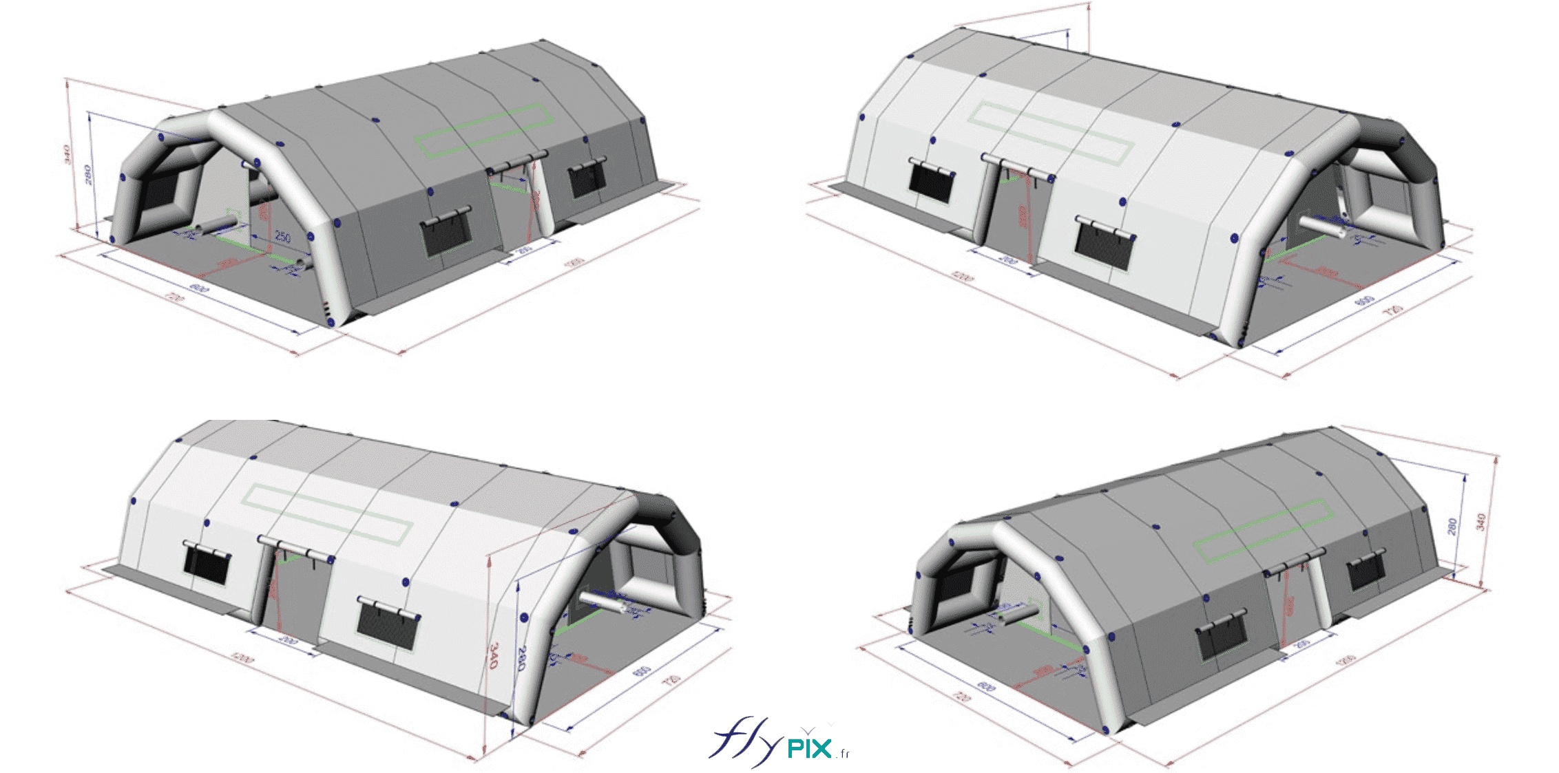 BAT (bon à tirer) de la tente gonflable PMA (Poste Médical Avancé), avec la modélisation en 3D du concept validé par le commanditaire, le SAMU du Centre Hospitalier d'Évreux. Cet abri gonflable de premiers secours, de type PMA, est doté de 2 portes principales, avec pour chacune 1 marquise d'accès pour se protéger de la pluie, et d'une zone de travail fermée et propre, composée de 2 portes latérales secondaires plus petites. Enfin, il y a une bâche au sol en PVC amovible, qui permet aux médecins et aux secouristes. - Copyright Vivien LAÏLLE / FlyPix - Droits réservés, reproductions interdites.