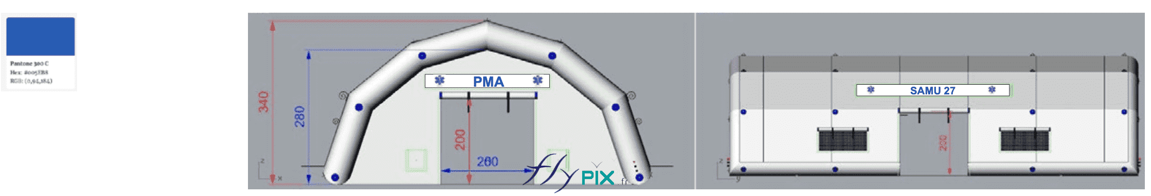 Vue façade avant et vue latérale de la tente PMA, avec la porte principale L = 2.60 m x H = 2.00 m et au-dessus une banderole amovible (fixations velcro), sous la marquise d'accès. Au niveau de la face latérale, nous voyons 2 fenêtres avec des volets amovibles (fixations velcro), et 1 porte d'accès secondaire de 2 m de hauteur. Sur le toit, sont présentes 2 grandes banderoles amovibles, fixations velcro "SAMU 27". - Copyright Vivien LAÏLLE / FlyPix - Droits réservés, reproductions interdites.