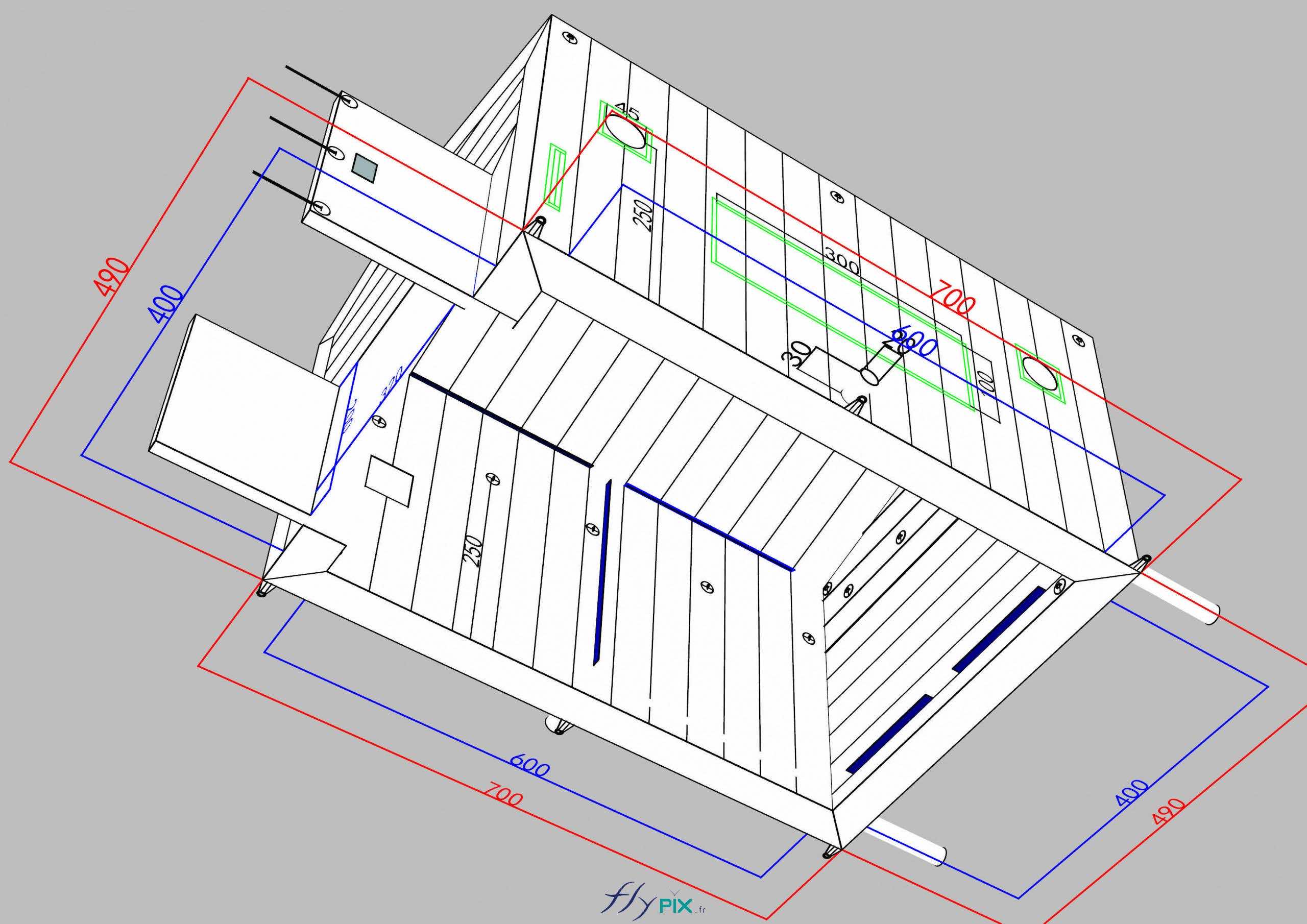 , Un abri gonflable industriel air captif pour des vérifications de machines,  Une infographie 3D qui présente une vue de dessous de la tente gonflable industrielle, une structure gonflable en enveloppe PVC 0.45 mm double peau capitonnée, et gonflée à l'air avec une turbine en permanence. - Photo : copyright FlyPix/Vivien LAÏLLE, droits réservés.