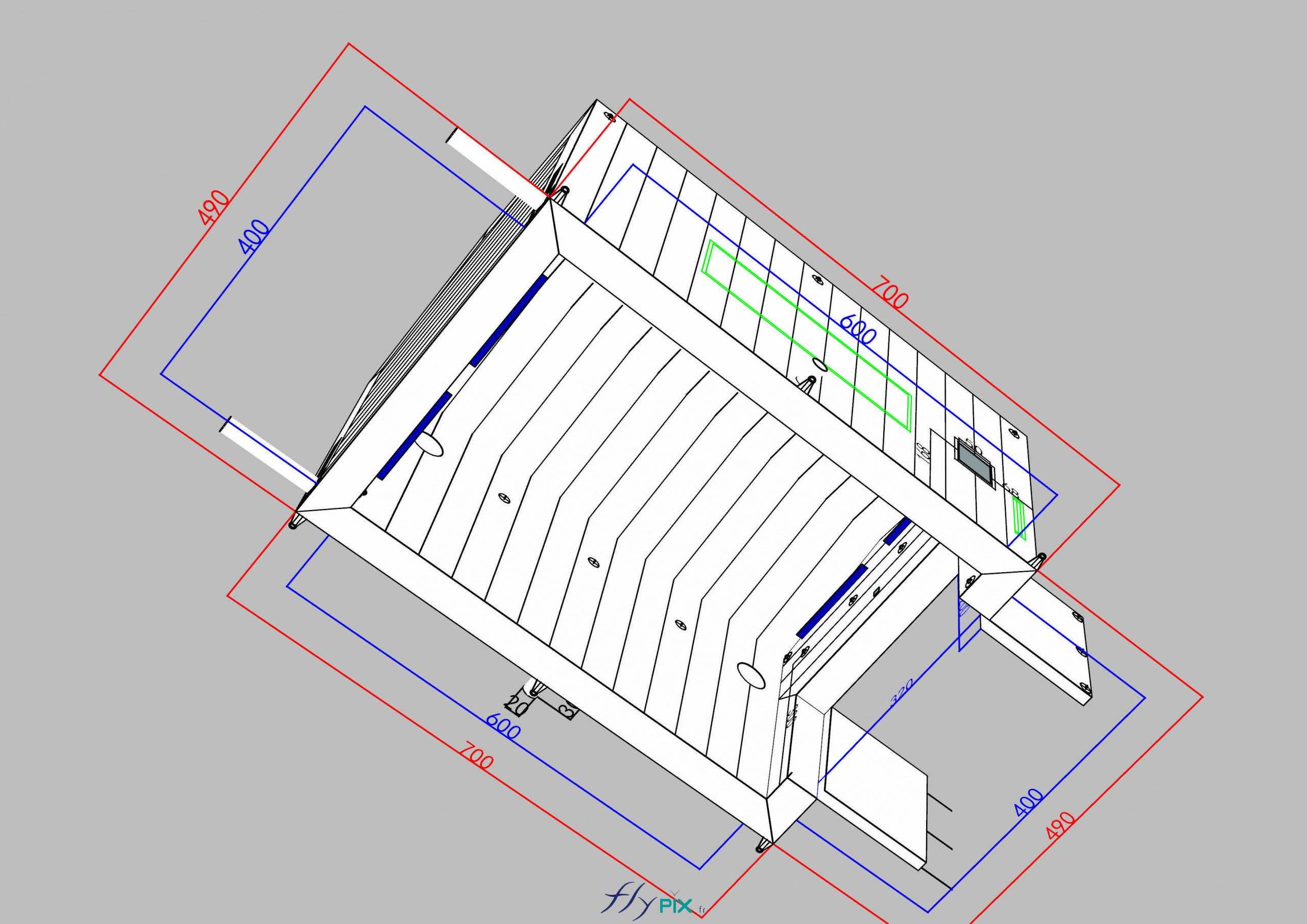 , Un abri gonflable industriel air captif pour des vérifications de machines,  Une infographie 3D qui présente une vue de dessous de l'abri gonflable industriel, avec une surface utile de travail : 24 m2. Une structure gonflée à l'air, ventilée par turbine en permanence. - Photo : copyright FlyPix/Vivien LAÏLLE, droits réservés.