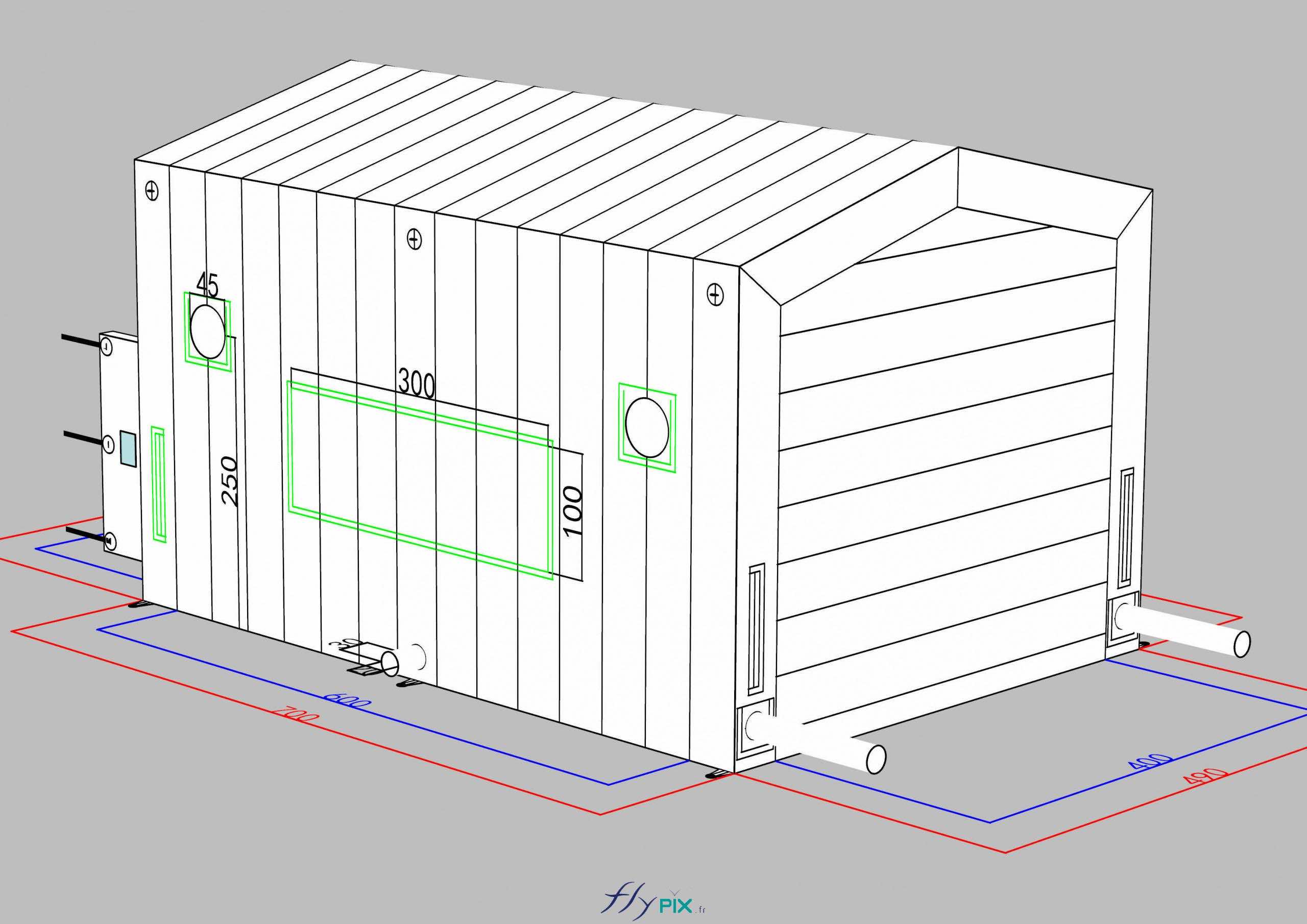, Un abri gonflable industriel air captif pour des vérifications de machines,  Sur le mur latéral du coté droit, au centre, un rectangle vert matérialise la présence d'une banderole imprimée qui sera fixée avec du velcro. En dessous, au pied du mur, dans la partie inférieure, au centre, se trouve un manchon à air ou passe fils électriques. Sont visibles aussi des interfaces pour y placer des éléments de tuyaux amovibles. Sur la façade arrière, le pignon arrière, à la base du mur, se trouve 2 autres manchons à air. - Photo : copyright FlyPix/Vivien LAÏLLE, droits réservés.