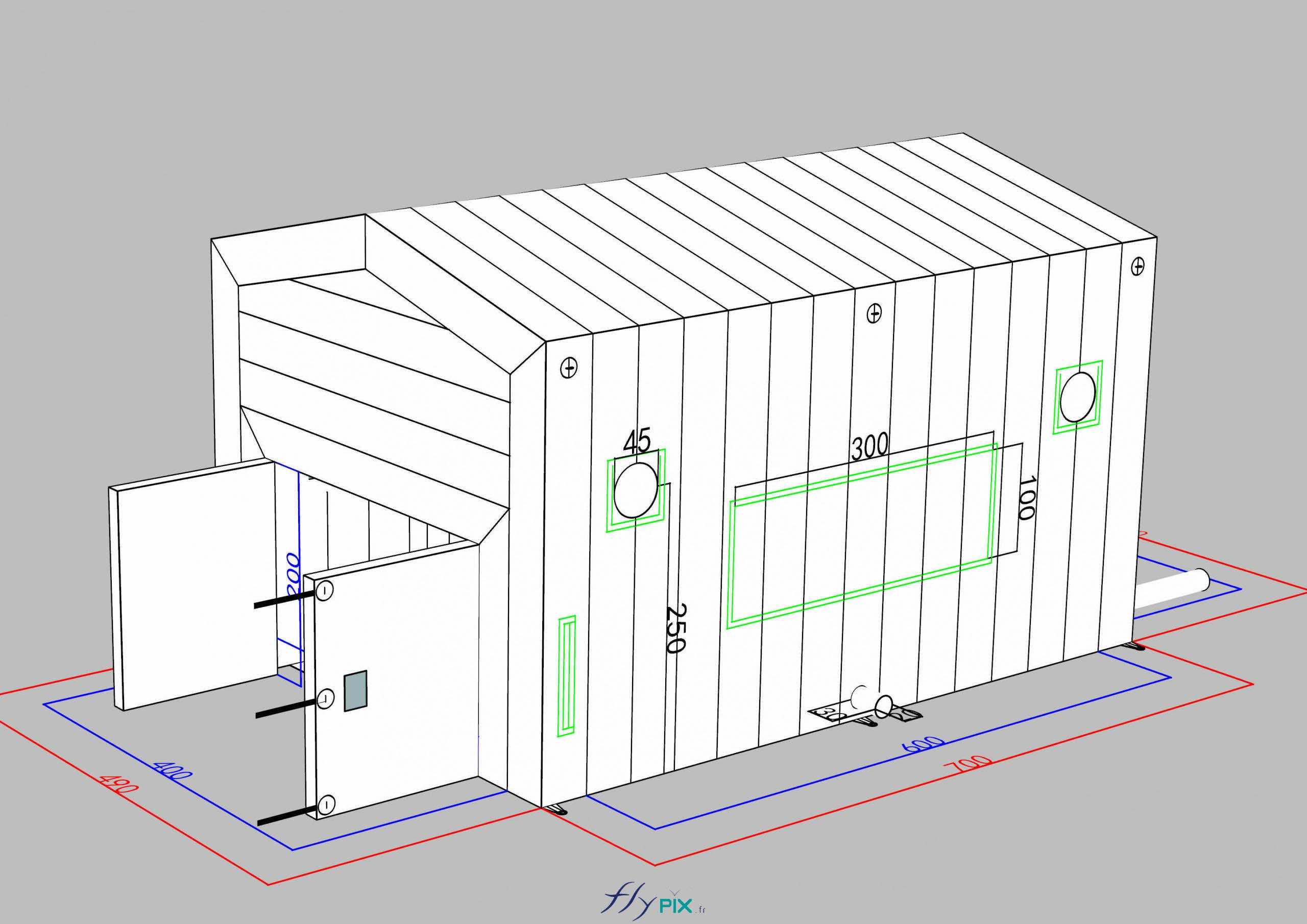 , Un abri gonflable industriel air captif pour des vérifications de machines,  Une vue en 3D générale, une infographie présentant la tente gonflable industrielle en plongée, avec la porte principale du pignon de la façade avant, et le mur latéral du côté droit. -