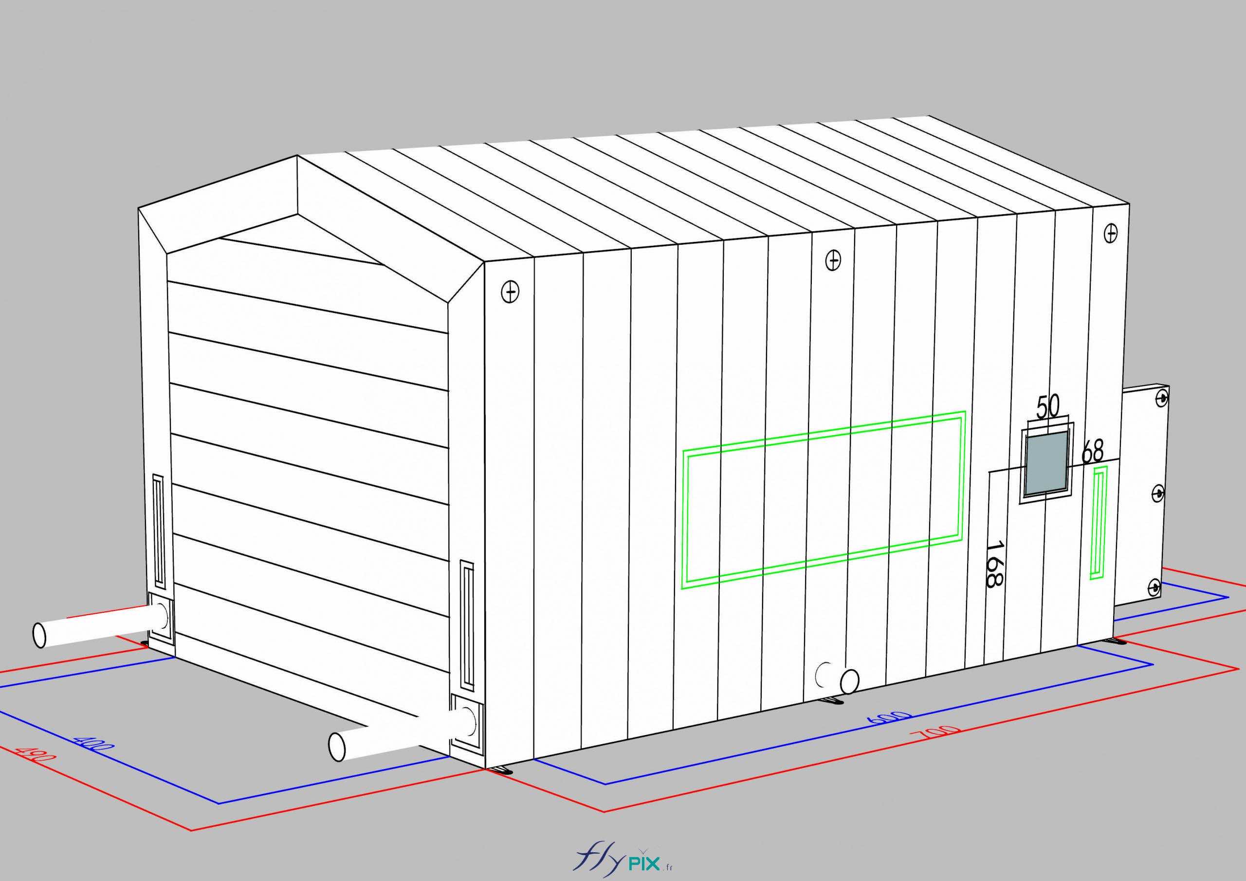 , Un abri gonflable industriel air captif pour des vérifications de machines,  Le mur du côté latéral gauche présente les mêmes interfaces, sauf qu'il y a en plus un hublot, une fenêtre d'observation pour voir à l'intérieur de l'abri gonflable industriel.