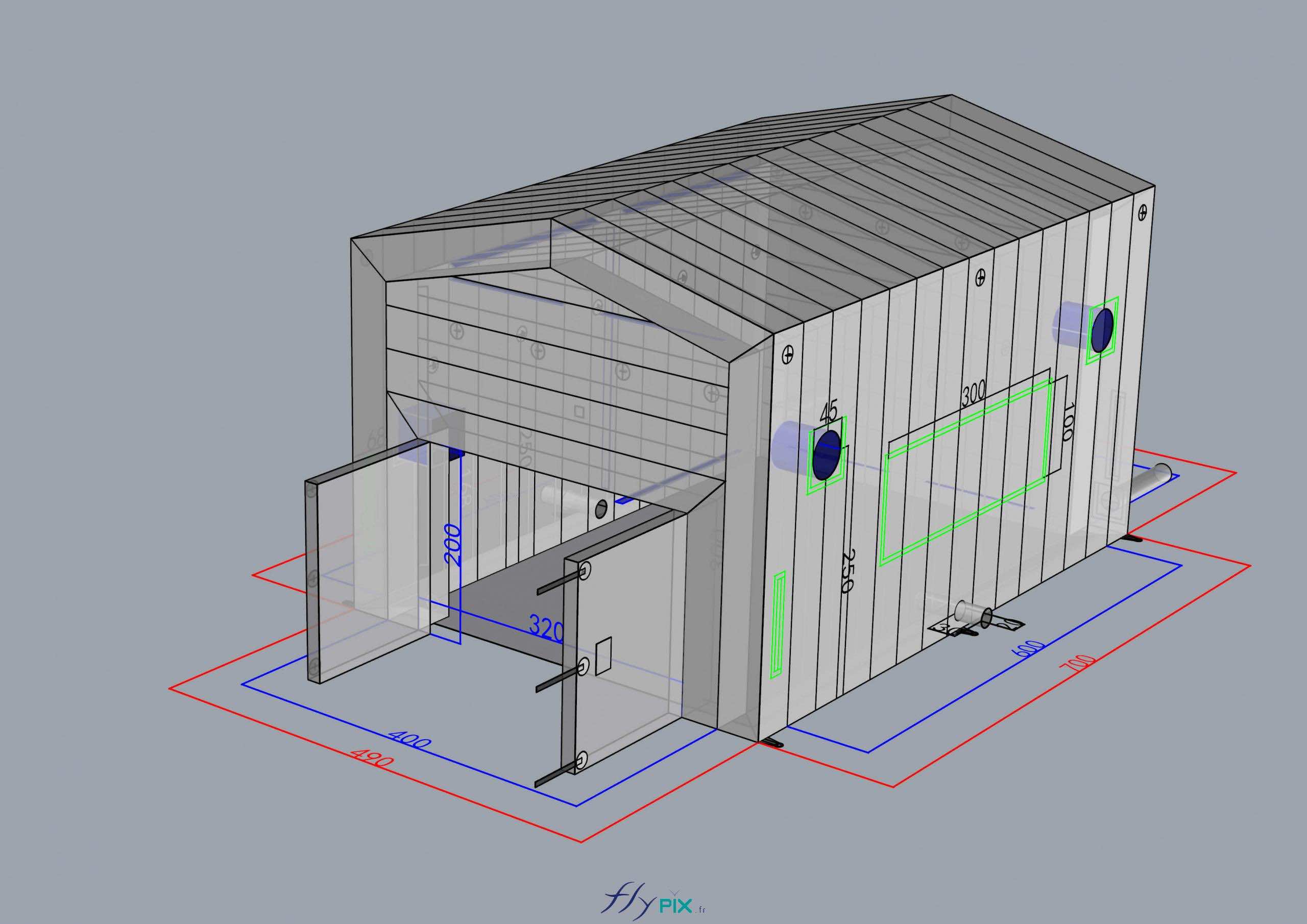 , Un abri gonflable industriel air captif pour des vérifications de machines,  Une vue générale en infographie 3D d'un abri gonflable industriel qui montre plusieurs choses intéressantes : une grande porte principale en façade avant, avec 2 panneaux fermants, des manchons à air, des manchons passe fils et gaines électriques, des banderoles de fixations velcro, et aussi des emplacements pour des banderoles de marquages imprimés amovibles.