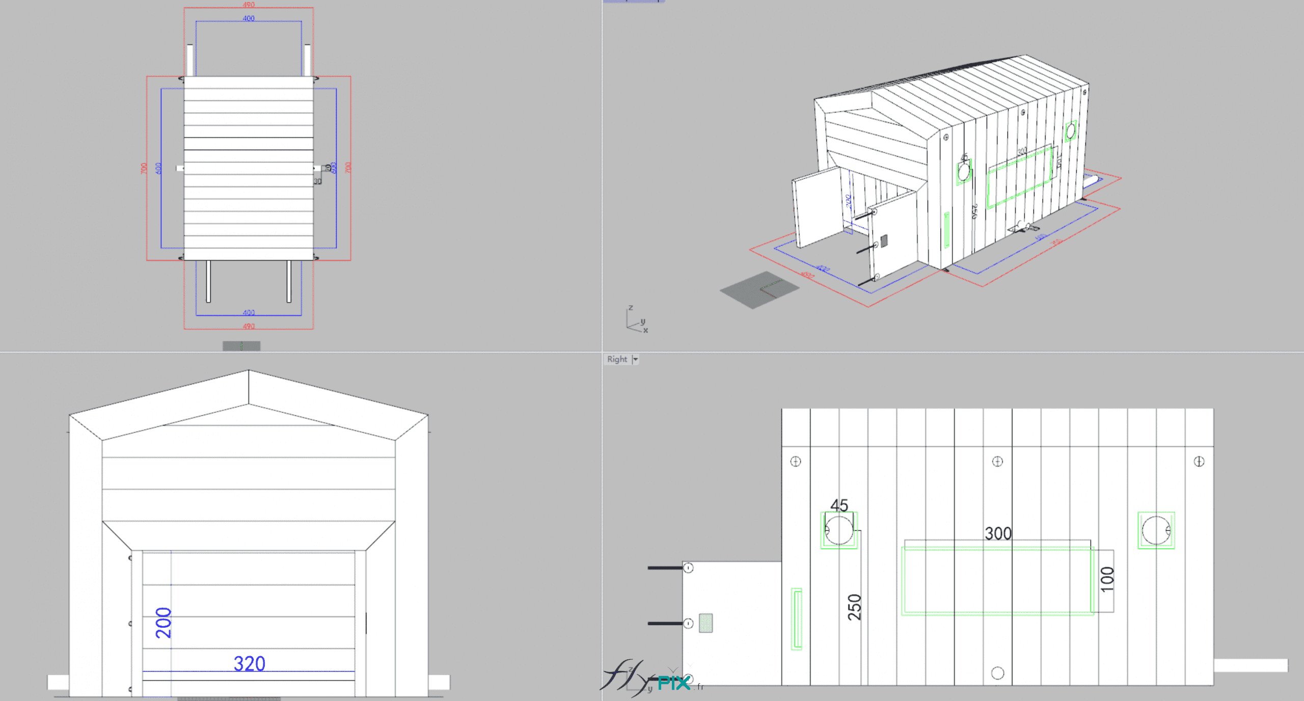 , Un abri gonflable industriel air captif pour des vérifications de machines,  Modélisation en 3D présentant différentes vues de la tente gonflable industrielle. En haut à gauche, une vue de dessus, en haut à droite, une vue 3D en plongé, en bas à gauche, une vue de face avant, et en bas à droite une vue du coté latéral droit. - Photo : copyright FlyPix/Vivien LAÏLLE, droits réservés.