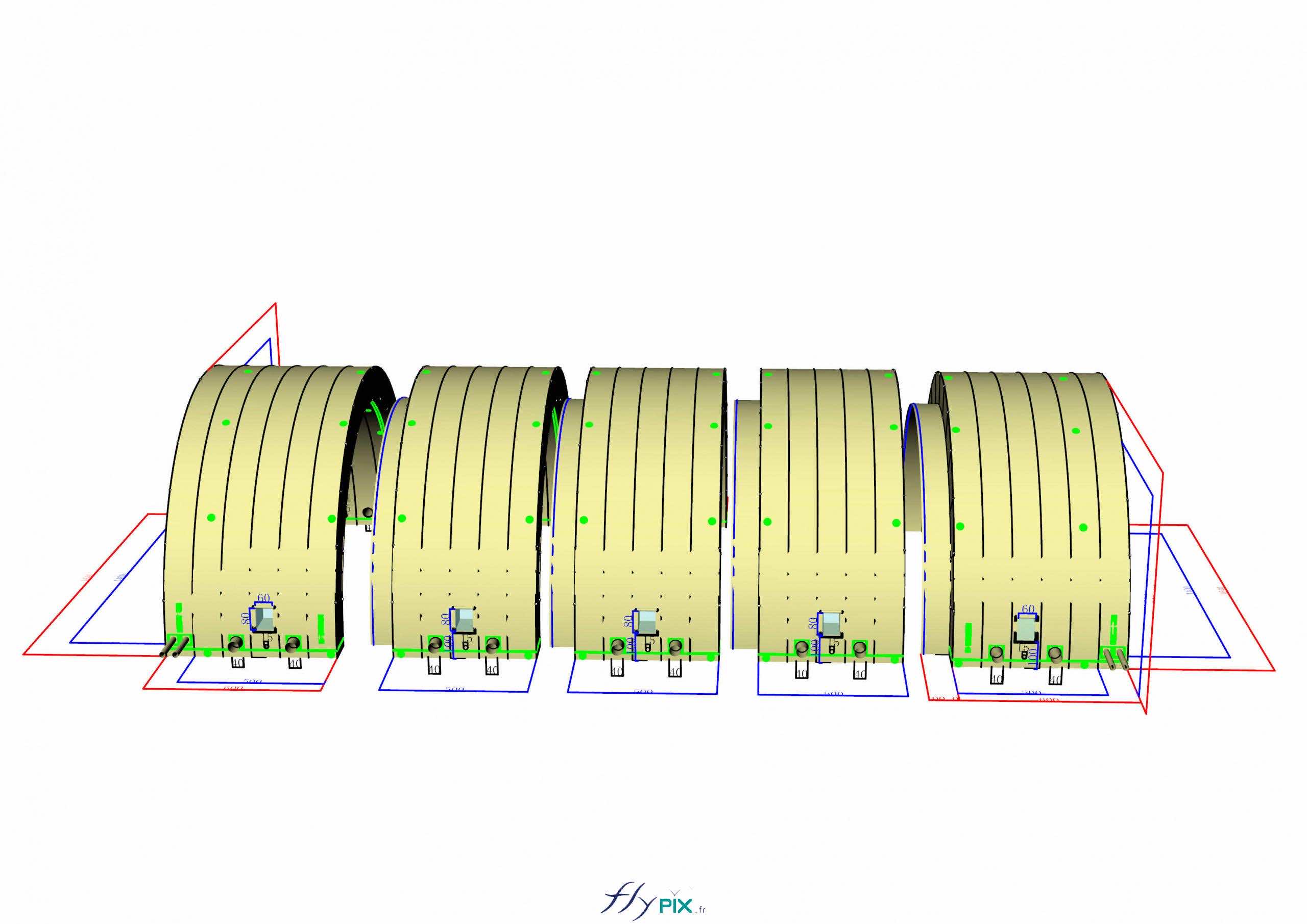 , Hangar gonflable militaire L = 25 m x l = 14 m x H = 7 m, S = 350 m2,  une vue en infographie 3D de coté sui montre l'agencement des 5 modules d'abris gonflables. Par module : 2 manchons à air chaud/froid, emplacements et diamètres à définir, systèmes filtration, de climatisation ou de chauffage non fourni + 2 manchons passe fils et gaines électriques. - Copyright : Vivien LAÏLLE/FLYPIX, droits réservés.