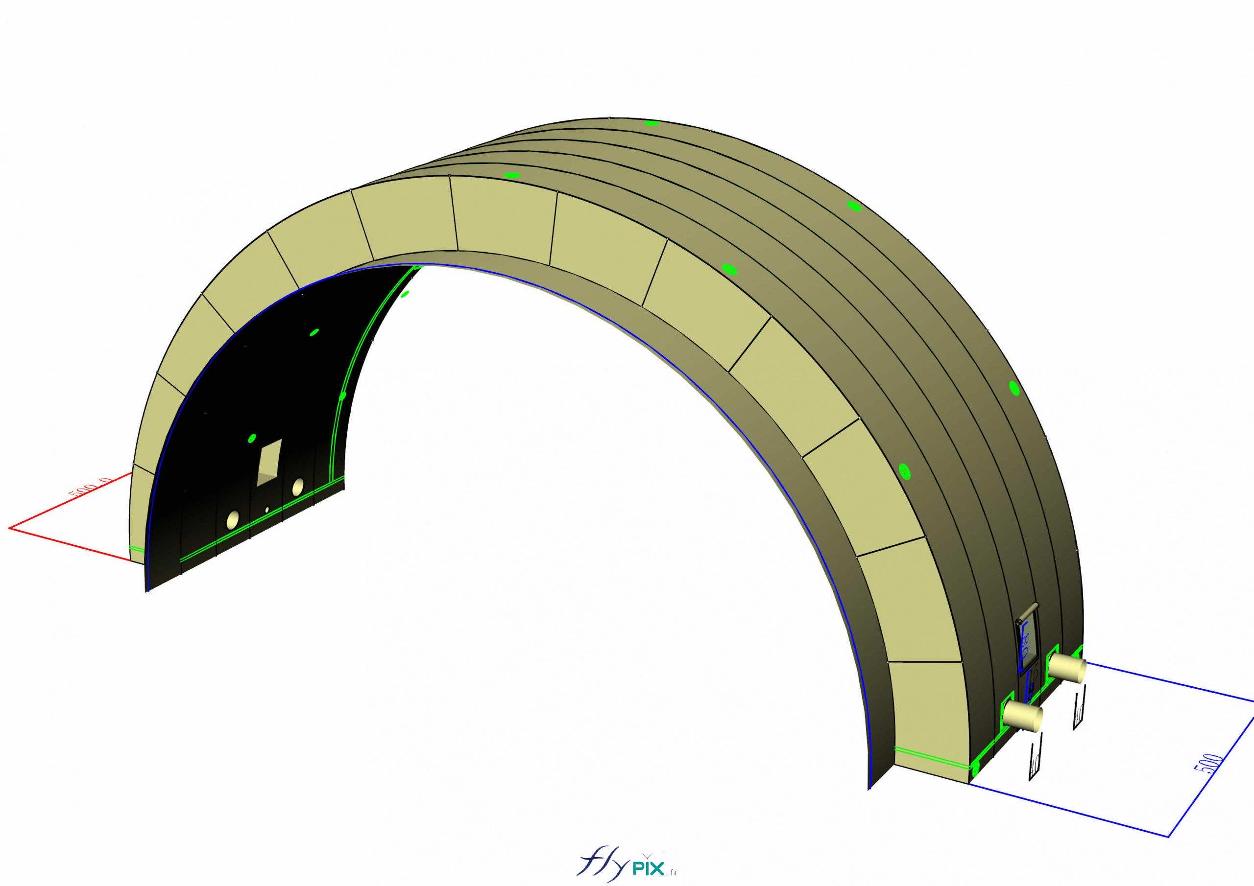 , Hangar gonflable militaire L = 25 m x l = 14 m x H = 7 m, S = 350 m2,  Une vue en 3D d'un module gonflable intermédiaire en forme de tunnel demi-lune. - Copyright : Vivien LAÏLLE/FLYPIX, droits réservés.
