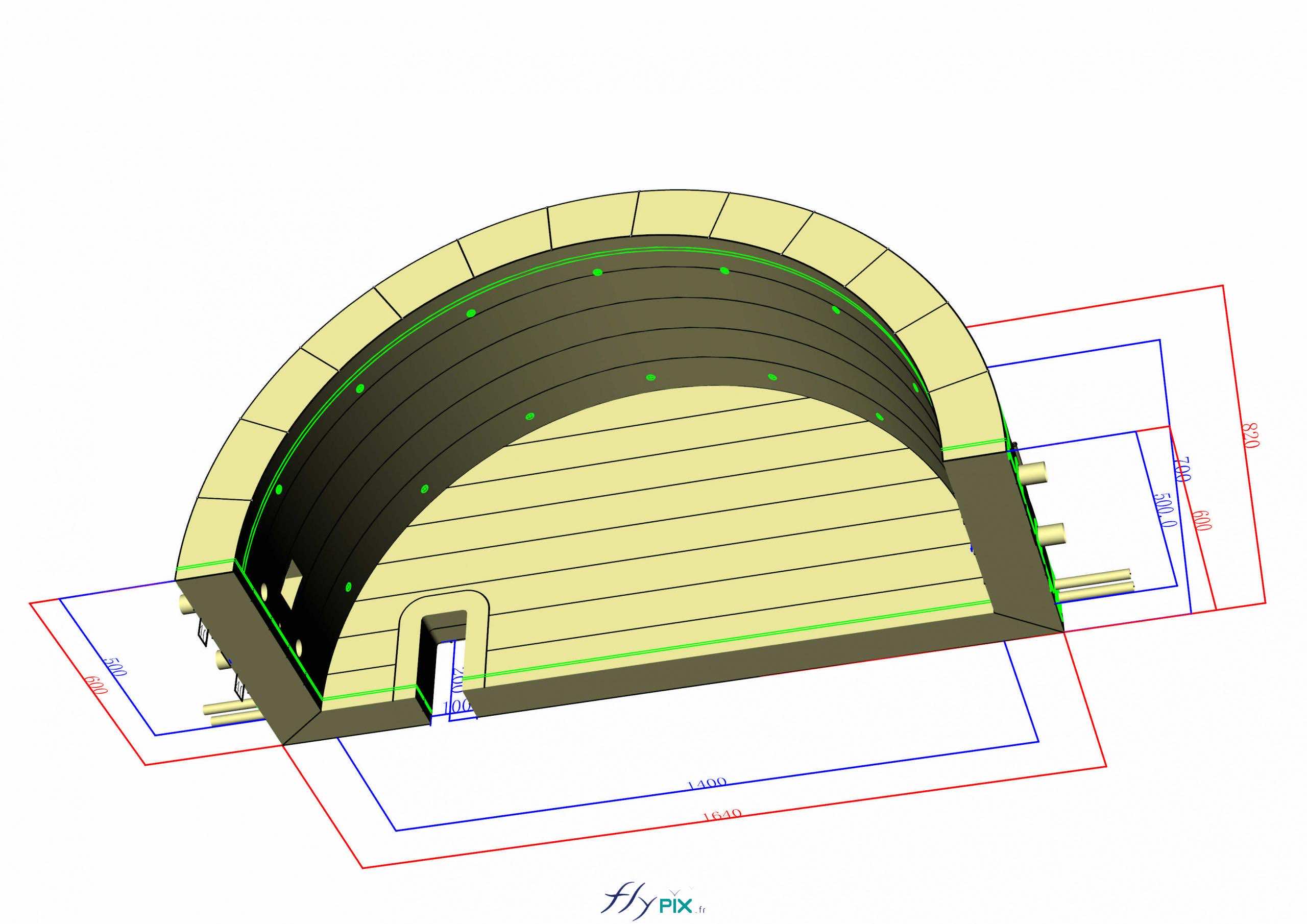 , Hangar gonflable militaire L = 25 m x l = 14 m x H = 7 m, S = 350 m2,  Une vue de du dernier module, le module arrière, le dernier module, celui du fond, avec une petite porte de service. - Copyright : Vivien LAÏLLE/FLYPIX, droits réservés.