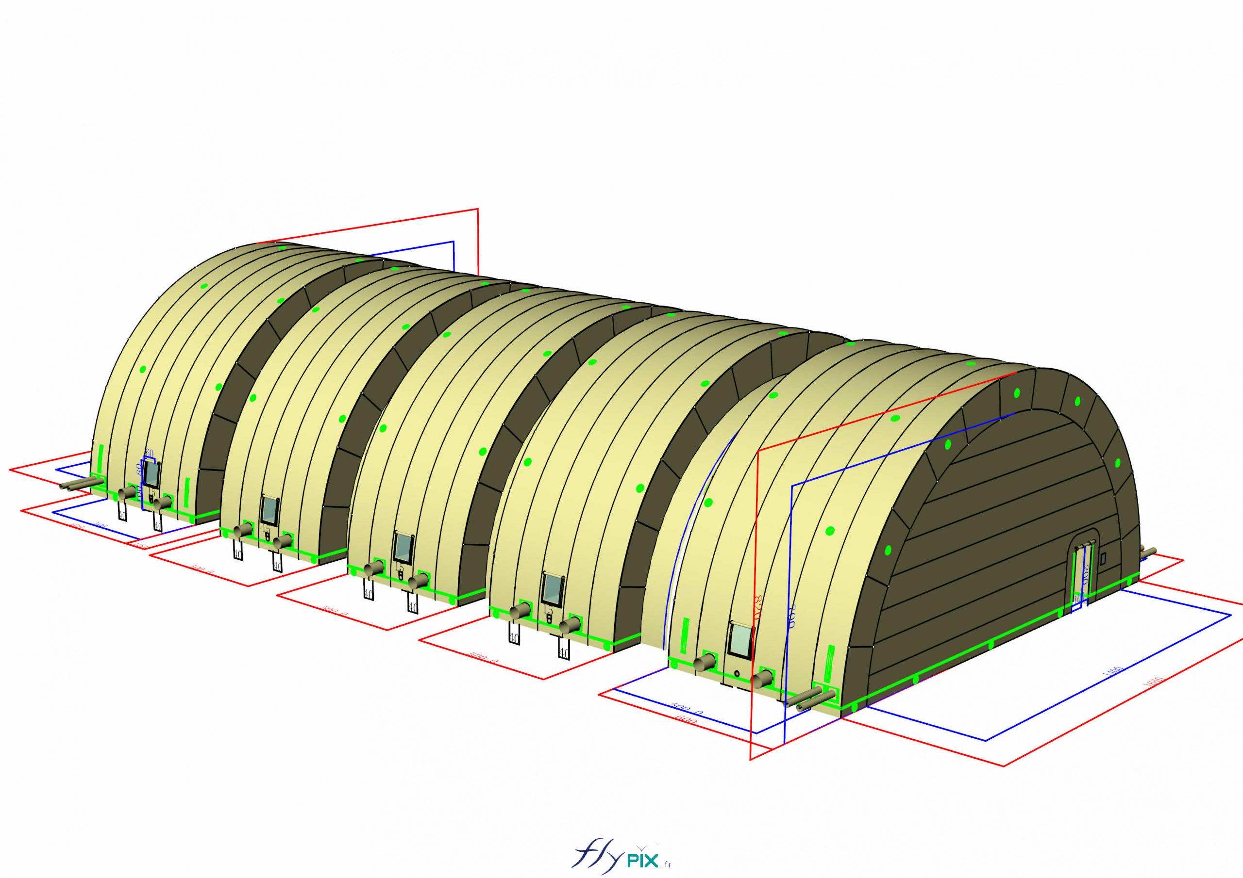 , Hangar gonflable militaire L = 25 m x l = 14 m x H = 7 m, S = 350 m2,  Une vue en 3D qui montre les murs latéraux et le module arrière, avec une petite porte d'accès, une porte de service plus précisément. - Copyright : Vivien LAÏLLE/FLYPIX, droits réservés.