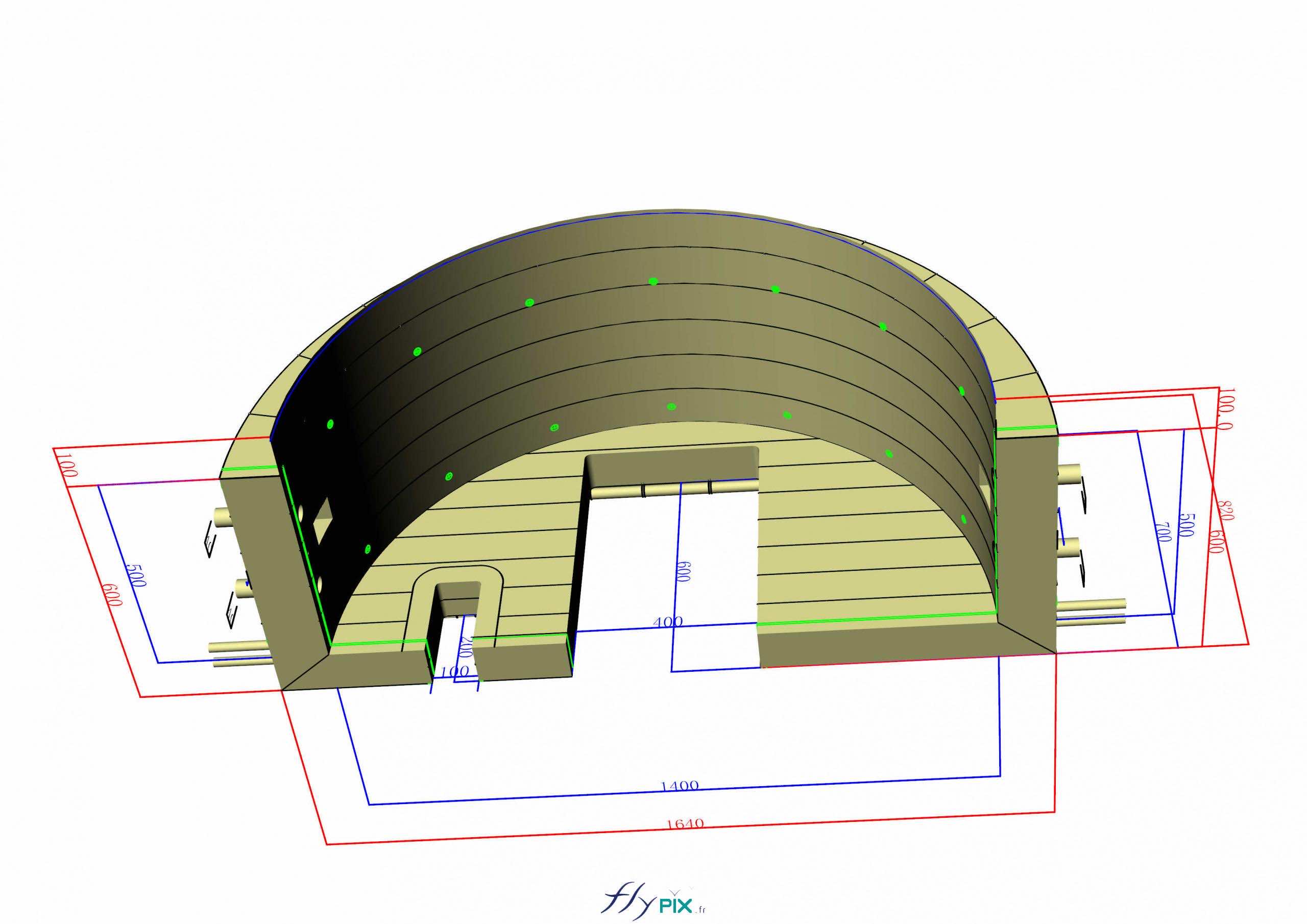 , Hangar gonflable militaire L = 25 m x l = 14 m x H = 7 m, S = 350 m2,  Voici une visualisation en 3D du premier module de la face avant, avec un pignon et une porte d'accès principale, et à droite une petite porte de service annexe. - Copyright : Vivien LAÏLLE/FLYPIX, droits réservés.