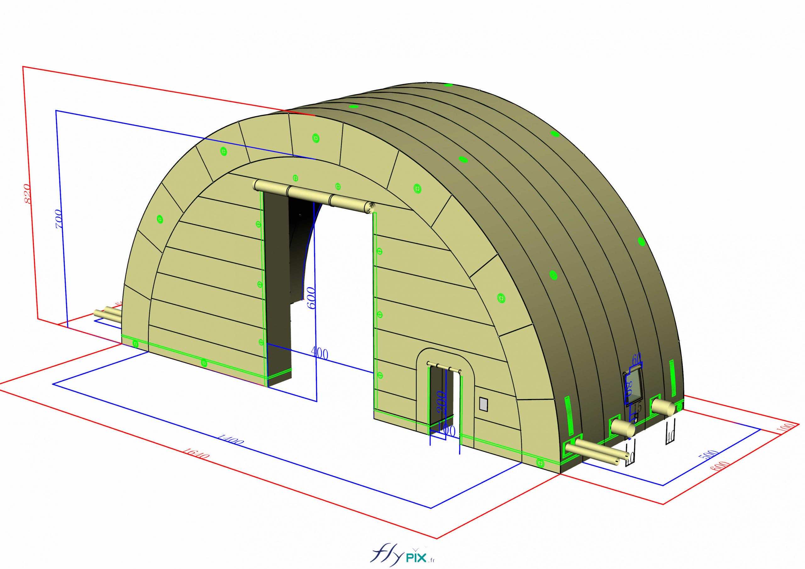 , Hangar gonflable militaire L = 25 m x l = 14 m x H = 7 m, S = 350 m2,  Voici une visualisation en 3D du premier module de la face avant, avec un pignon et une porte d'accès principale, et à droite une petite porte de service annexe. - Copyright : Vivien LAÏLLE/FLYPIX, droits réservés.