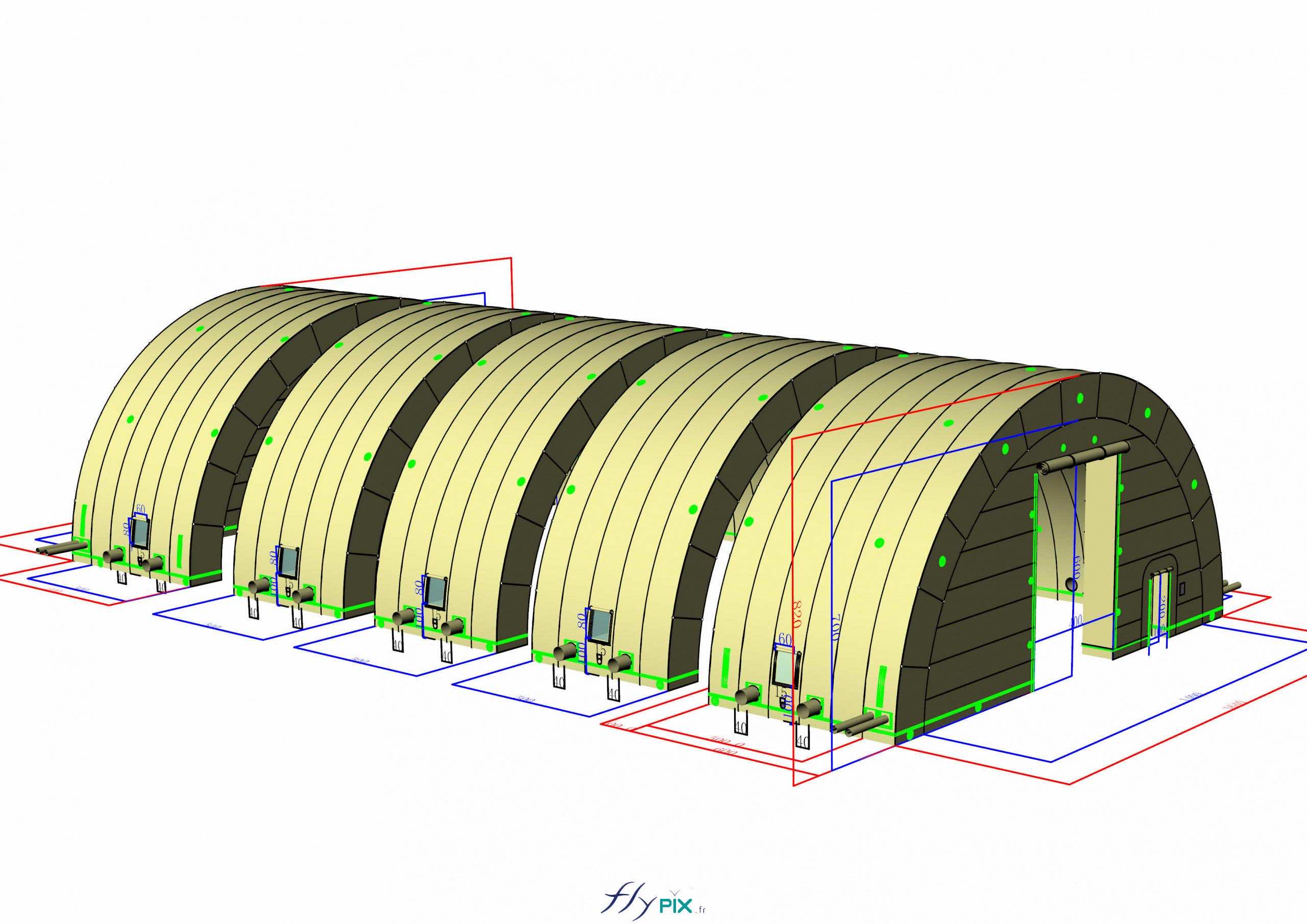 , Hangar gonflable militaire L = 25 m x l = 14 m x H = 7 m, S = 350 m2,  Une autre vue en infographie 3D qui montre le pignon avant du hangar gonflable, avec une grande porte d'accès principale. Il y a aussu les 4 autres modules qui y sont représentés. - Copyright : Vivien LAÏLLE/FLYPIX, droits réservés.
