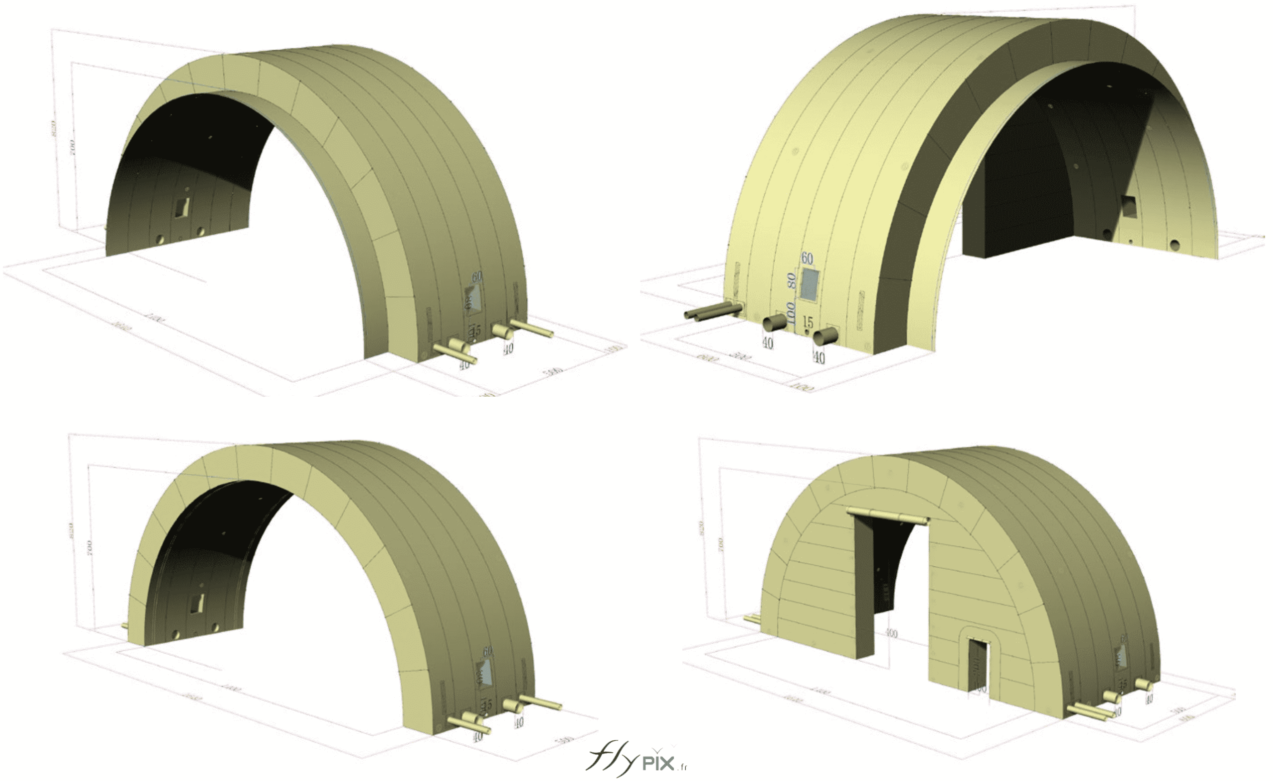, Hangar gonflable militaire L = 25 m x l = 14 m x H = 7 m, S = 350 m2,  Différentes vues en 3D montrant les modules gonflables L = 5 m x l = 14 m x H = 7 m en forme de tunnel demi-lune. Il y a les modules intermédiaires avec leurs raccordements, et les 2 modules de pignon avant et arrière, avec la porte principale. - Copyright : Vivien LAÏLLE/FLYPIX, droits réservés.