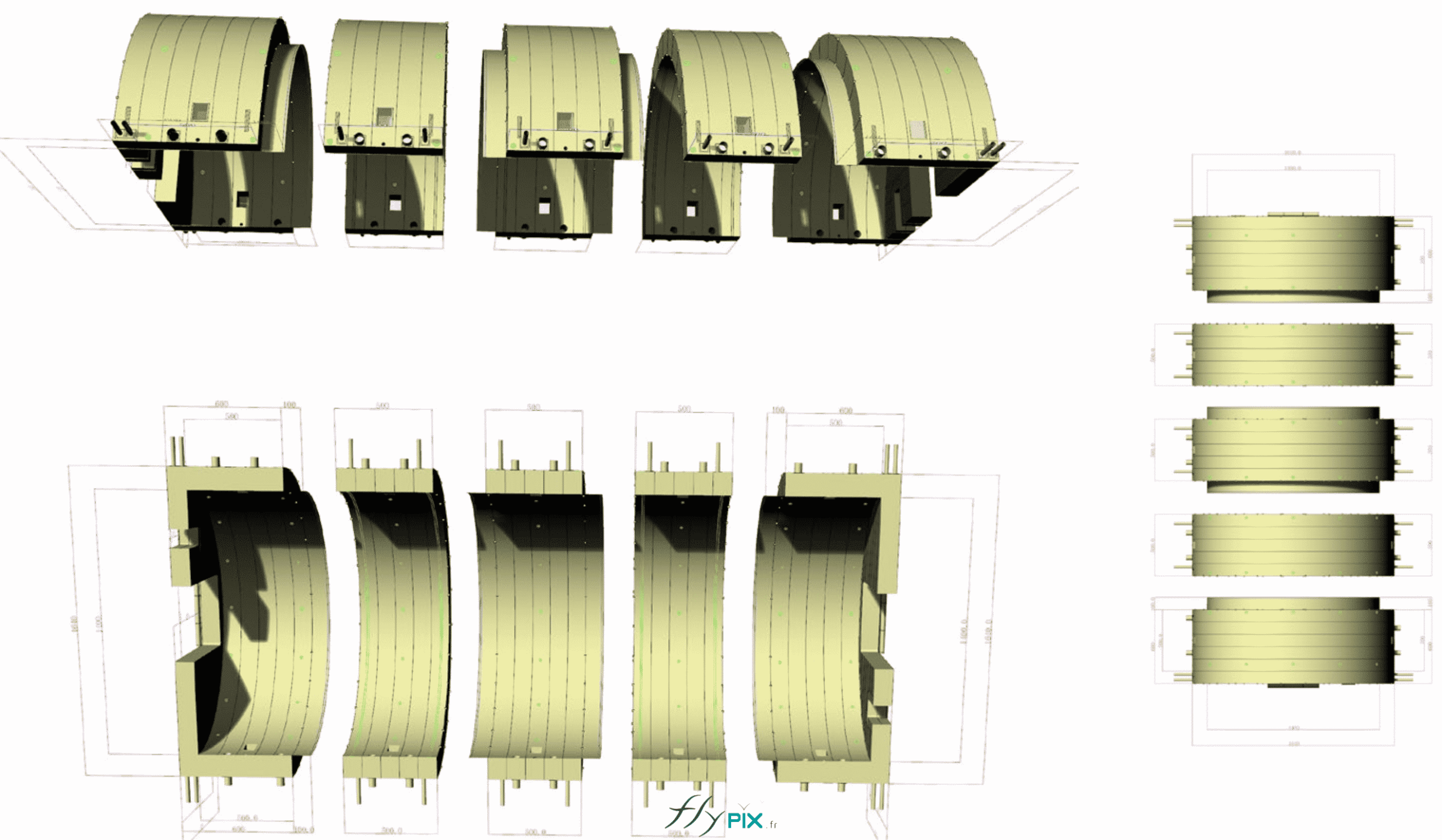 , Hangar gonflable militaire L = 25 m x l = 14 m x H = 7 m, S = 350 m2,  une vue d'infographie et de modélisation en 3D qui présente un hangar gonflable militaire L = 25 m x l = 14 m x H = 7 m de 350 m2 en forme de tunnel demi-lune, composé de 5 modules gonflables raccordés ensemble, sous différentes vues : de dessus, de profil et de dessous. Ces types de représentations sont utiles pour favoriser la compréhension et pour guider le choix des commanditaires.