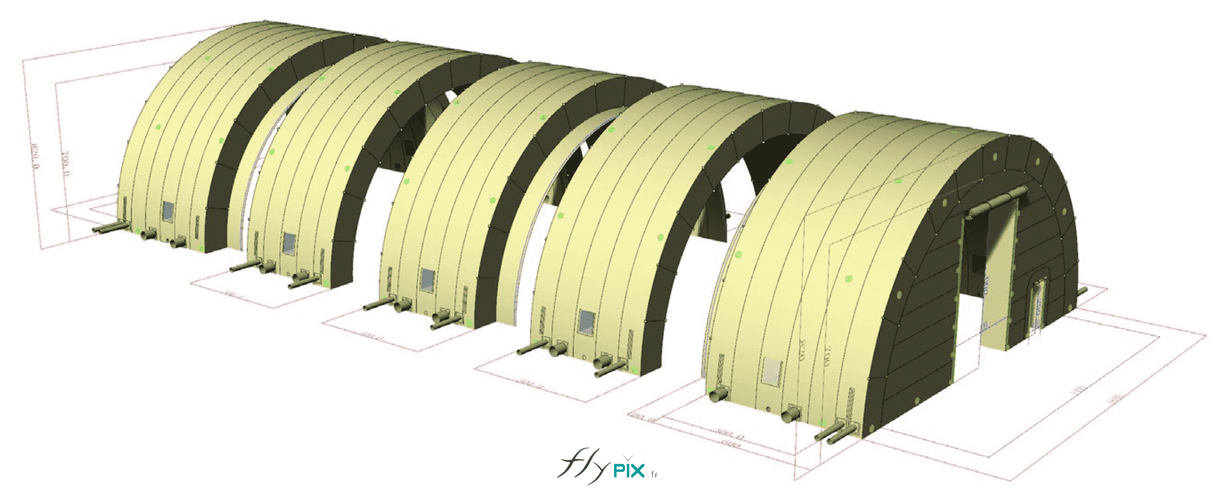 , Hangar gonflable militaire L = 25 m x l = 14 m x H = 7 m, S = 350 m2,  Une autre vue en infographie 3D qui montre le pignon avant du hangar gonflable, avec une grande porte d'accès principale. Il y a aussu les 4 autres modules qui y sont représentés. - Copyright : Vivien LAÏLLE/FLYPIX, droits réservés.