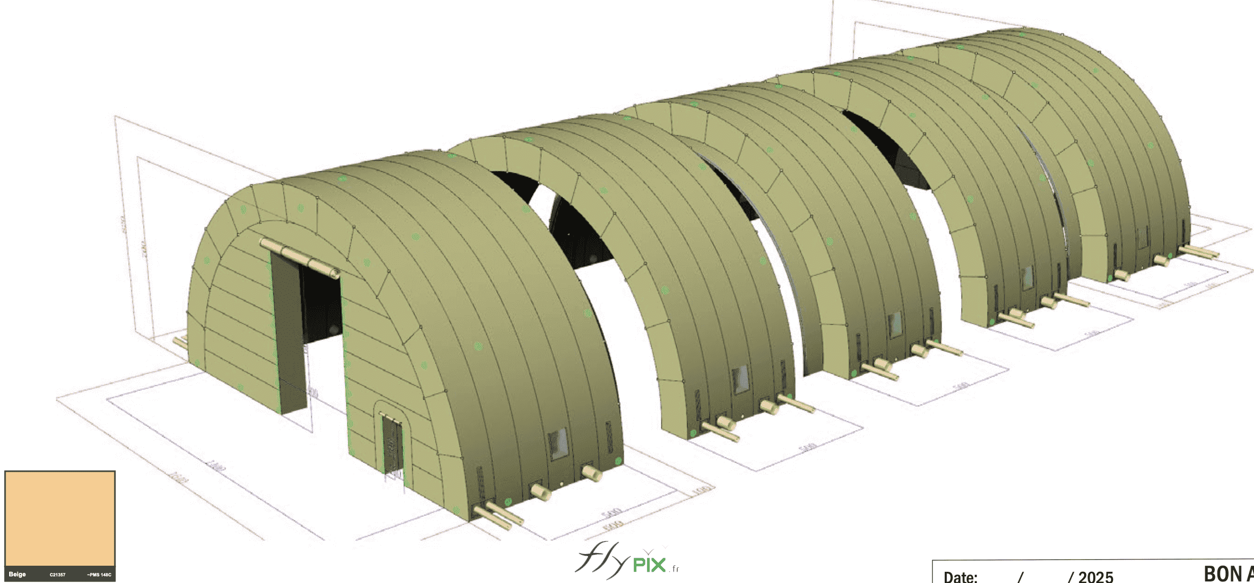 , Hangar gonflable militaire L = 25 m x l = 14 m x H = 7 m, S = 350 m2,  Une autre vue plongeante, de dessus, qui montre le hangar gonflable militaire de dimensions L = 25 m x l = 14 m x H = 7 m, et de surface intérieure utile S = 350 m2. C'est une grande tente gonflable en enveloppe PVC 0.45 mm double peau capitonnée. - Copyright : Vivien LAÏLLE/FLYPIX, droits réservés.