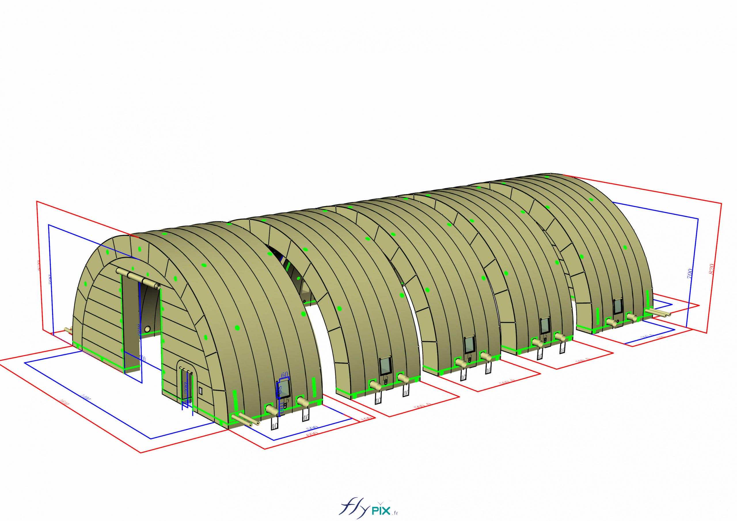 , Hangar gonflable militaire L = 25 m x l = 14 m x H = 7 m, S = 350 m2,  Cette modélisation en 3D, le BAT (bon à tirer), présente le concept du hangar gonflable militaire qui a été validé par le commanditaire. L'abri gonflable militaire en forme de tunnel demi-lune, est composé de 5 modules, qui une fois assemblés, permettent d'obtenir une longueur totale de L = 25 m, et une largeur de 14, m, et une hauteur de clef de voûte à H = 7 m.