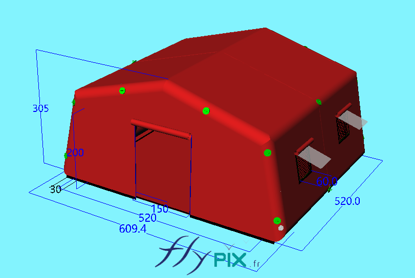 Une vue de modélisation en 3D qui présente un abri gonflable poste médical avancé de dimensions L = 5.2 m x l = 5.2 m, S = 27 m2, air captif, en enveloppe PVC 0.6 mm simple peau. - Copyright Vivien LAÏLLE/FlyPix, droits réservés, reproduction interdite.