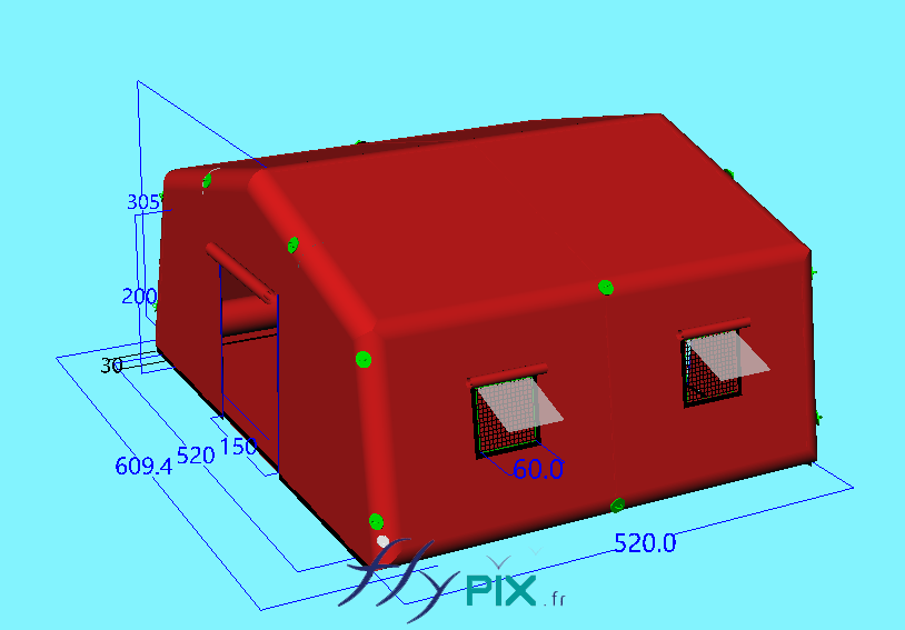Une autre vue en 3D de la tente gonflable de premiers soins, de dimensions L = 5.2 m x l = 5.2 m, S = 37 m2 et de durface S = 27 m2, fabriquée sur mesure par nos soins dans nos ateliers en France. - Copyright Vivien LAÏLLE/FlyPix, droits réservés, reproduction interdite.