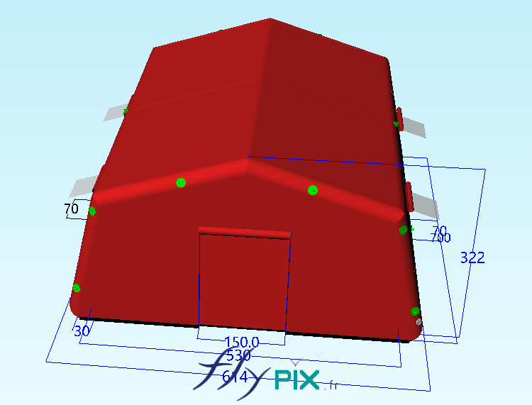 La tente gonflable PMA (poste médical avancé) est présentée dans cette image en modélisation 3D, dont le concept a été validé par le commanditaire polonais. Cet abri gonflable, une fois plié et rangé dans un sac, prend très peu de place et peu être déployé très rapidement sur le terrain. C'est une structure gonflable air captif, c'est à dire qu'elle est gonflée à l'air avc une pompe électrique. - Copyright Vivien LAÏLLE/FlyPix, droits réservés, reproduction interdite.