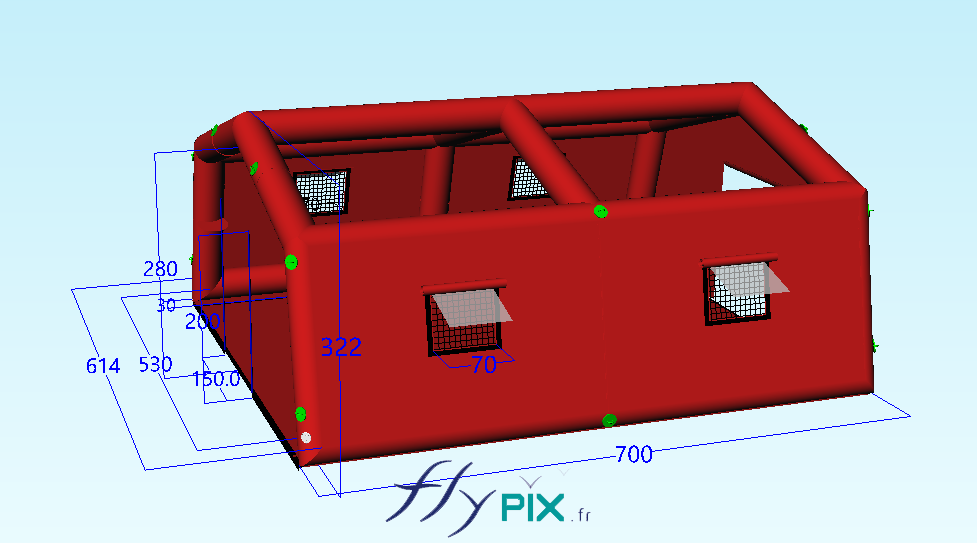 Cette vue de modélisation en 3D montre l'armature, l'ossature, c'est à dire le squelette de la tente gonflable de premiers soins, avec les boudins d'ossatures bien visibles.- Copyright Vivien LAÏLLE/FlyPix, droits réservés, reproduction interdite.