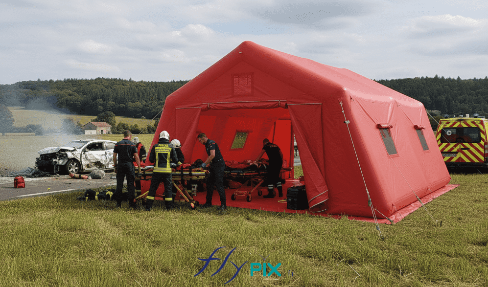 Une vue de simulation, une mise en situation, présentant le concept de l'une de nos tentes gonflables de premiers secours. Ici la version de surface S = 37 m2. Dans cette scène de déploiement de soins après de victimes, au bord d'une route de campagne, suite à un accident de la route, l'abri gonflable médical a été installé par les urgentistes. Cette tente gonflable PMA est une structure gonflable air captif, fabriquée sur mesure par nos soins dans nos ateliers en France à Orléans. Elle est gonflée à l'air avec une pompe électrique, cet abri gonflable est entièrement fabriqué en enveloppe PVC 0.6 mm simple peau, aux jointures soudées. - Cette image a été générée par IA, grâce à GEMINI, à partir des vues de modélisations en 3D du BAT (bon à tirer) créées par notre infographiste et validées par le commanditaire, et aussi à partir de photos et de prises de vues réelles de certains détails de la tente gonflable, prises directement dans notre atelier de fabrication. Média partiellement généré par une IA et vérifié par un agent. - Copyright Vivien LAÏLLE/FlyPix, droits réservés, reproduction interdite.