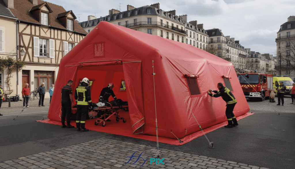 Une autre vue montrant une simulation de l'installation de la tente gonflable médicale, ici en zone urbaine, en ville. Cet abri gonflable est un poste de premiers secours qui peut être installé très rapidement en quelques minutes, en cas d'urgence, pour porter assistance à des personnes victimes d'accidents de la route, de malades, en cas d'épidémies ou de catastrophes naturelles, suite à des tremblements de terre ou bien en cas d'attaques terroristes. Nos tentes gonflables prennent peu de place une fois plié, et se gonflent très rapidement d'un seul tenant, en quelques minutes. La structure gonflable est un module qui protège médecins urgentistes, pompiers ou militaires ou les patients, les vistimes et les malades de la pluie, du vent et des intempéries. Tout en conservant la discretion. - Cette image a été générée par IA, grâce à GEMINI, à partir des vues de modélisations en 3D du BAT (bon à tirer) créées par notre infographiste et validées par le commanditaire, et aussi à partir de photos et de prises de vues réelles de certains détails de la tente gonflable, prises directement dans notre atelier de fabrication. Média partiellement généré par une IA et vérifié par un agent. - Copyright Vivien LAÏLLE/FlyPix, droits réservés, reproduction interdite.