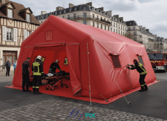 Une autre vue montrant une simulation de l'installation de la tente gonflable médicale, ici en zone urbaine, en ville. Cet abri gonflable est un poste de premiers secours qui peut être installé très rapidement en quelques minutes, en cas d'urgence, pour porter assistance à des personnes victimes d'accidents de la route, de malades, en cas d'épidémies ou de catastrophes naturelles, suite à des tremblements de terre ou bien en cas d'attaques terroristes. Nos tentes gonflables prennent peu de place une fois plié, et se gonflent très rapidement d'un seul tenant, en quelques minutes. La structure gonflable est un module qui protège médecins urgentistes, pompiers ou militaires ou les patients, les vistimes et les malades de la pluie, du vent et des intempéries. Tout en conservant la discretion. - Cette image a été générée par IA, grâce à GEMINI, à partir des vues de modélisations en 3D du BAT (bon à tirer) créées par notre infographiste et validées par le commanditaire, et aussi à partir de photos et de prises de vues réelles de certains détails de la tente gonflable, prises directement dans notre atelier de fabrication. Média partiellement généré par une IA et vérifié par un agent. - Copyright Vivien LAÏLLE/FlyPix, droits réservés, reproduction interdite.
