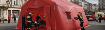 Une autre vue montrant une simulation de l'installation de la tente gonflable médicale, ici en zone urbaine, en ville. Cet abri gonflable est un poste de premiers secours qui peut être installé très rapidement en quelques minutes, en cas d'urgence, pour porter assistance à des personnes victimes d'accidents de la route, de malades, en cas d'épidémies ou de catastrophes naturelles, suite à des tremblements de terre ou bien en cas d'attaques terroristes. Nos tentes gonflables prennent peu de place une fois plié, et se gonflent très rapidement d'un seul tenant, en quelques minutes. La structure gonflable est un module qui protège médecins urgentistes, pompiers ou militaires ou les patients, les vistimes et les malades de la pluie, du vent et des intempéries. Tout en conservant la discretion. - Cette image a été générée par IA, grâce à GEMINI, à partir des vues de modélisations en 3D du BAT (bon à tirer) créées par notre infographiste et validées par le commanditaire, et aussi à partir de photos et de prises de vues réelles de certains détails de la tente gonflable, prises directement dans notre atelier de fabrication. Média partiellement généré par une IA et vérifié par un agent. - Copyright Vivien LAÏLLE/FlyPix, droits réservés, reproduction interdite.