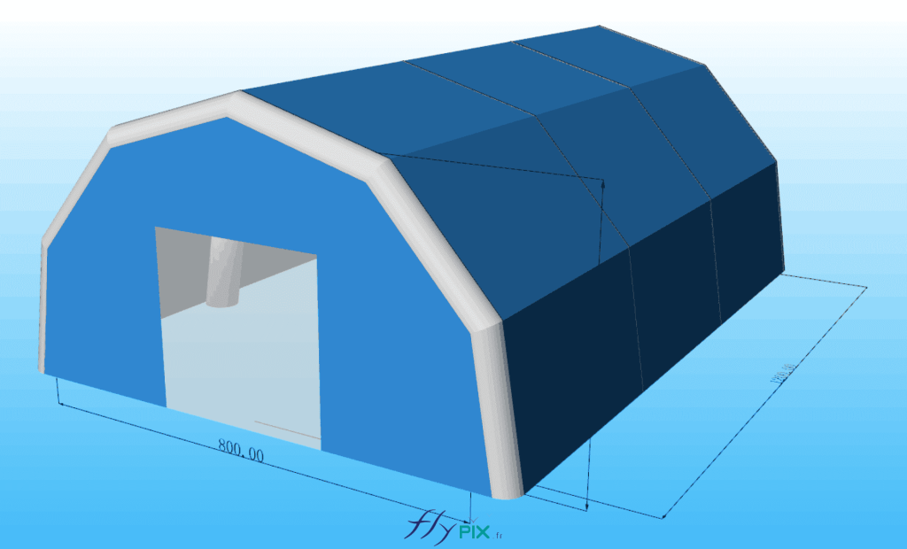 Une vue générale, un modélisation en 3D d'un abri gonflable en forme de tunnel demi-lune, entièrement en enveloppe PVC 0.45 mm simple peau. Cette tente gonflable est utilisée pour des chantiers pour le BTP ou les piscines, ou pour revêtement de sols. C'est une solution très polyvalente. Une vue générale, un modélisation en 3D d'un abri gonflable en forme de tunnel demi-lune, entièrement en enveloppe PVC 0.45 mm simple peau. Cette tente gonflable est utilisée pour des chantiers pour le BTP ou les piscines, ou pour revêtement de sols. C'est une solution très polyvalente.