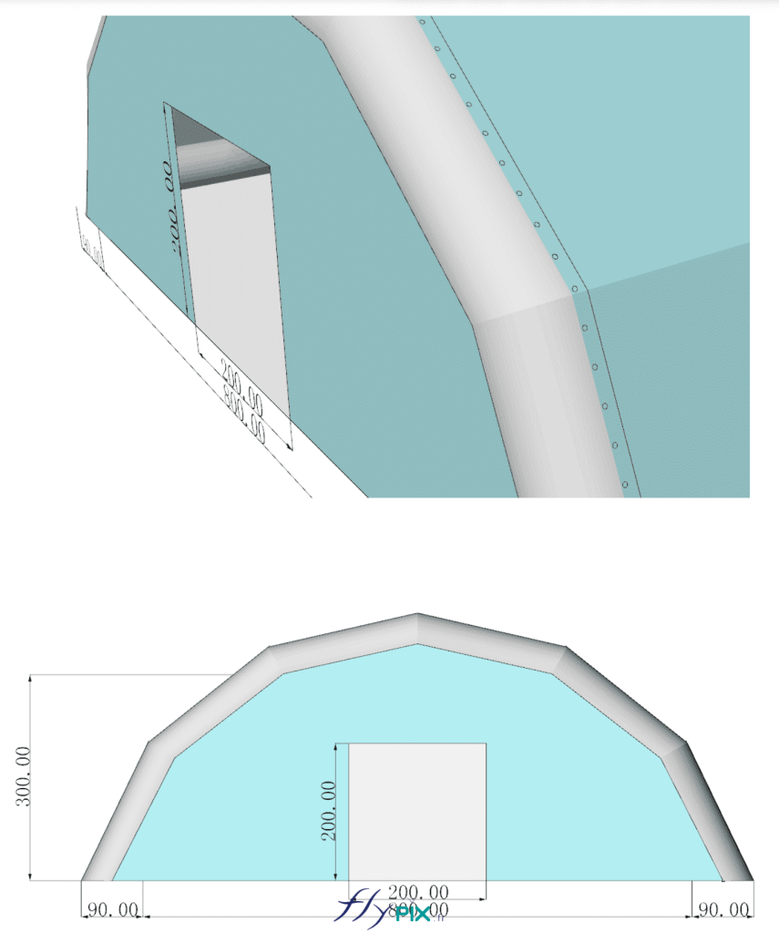 Une vue en modélisation 3D qui présente les détails de la partie avant de la tente gonflable, le pignon avant, avec une porte d'accès principale. Une vue en modélisation 3D qui présente les détails de la partie avant de la tente gonflable, le pignon avant, avec une porte d'accès principale.